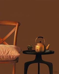 Chair with Golden Tea Pot-21st Contemporary Dutch Realistic Still-life painting 