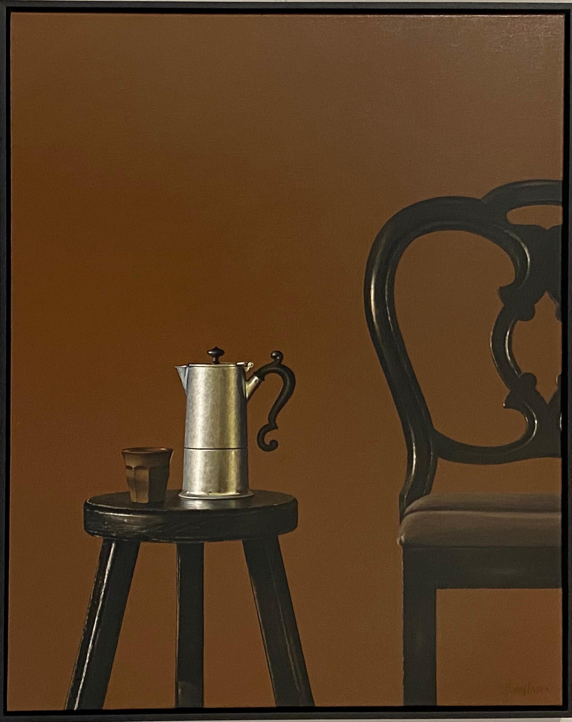 Chair with Percolator-21st Contemporary Dutch Still-life painting with Furniture - Brown Still-Life Painting by Heidi von Faber