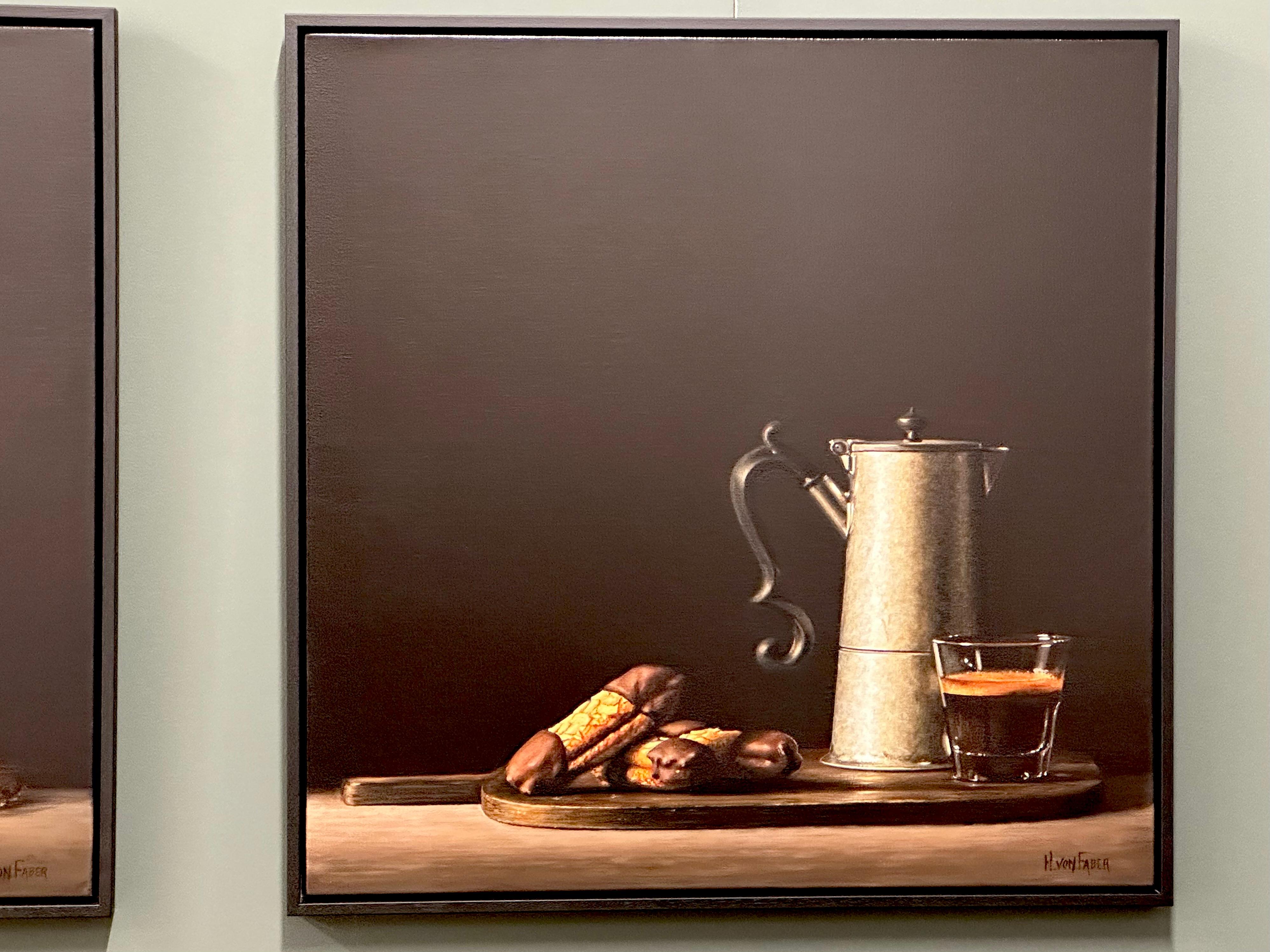 Chocolate Cookies with Coffee - 21st Contemporary Realistic Still-life painting - Black Figurative Painting by Heidi von Faber