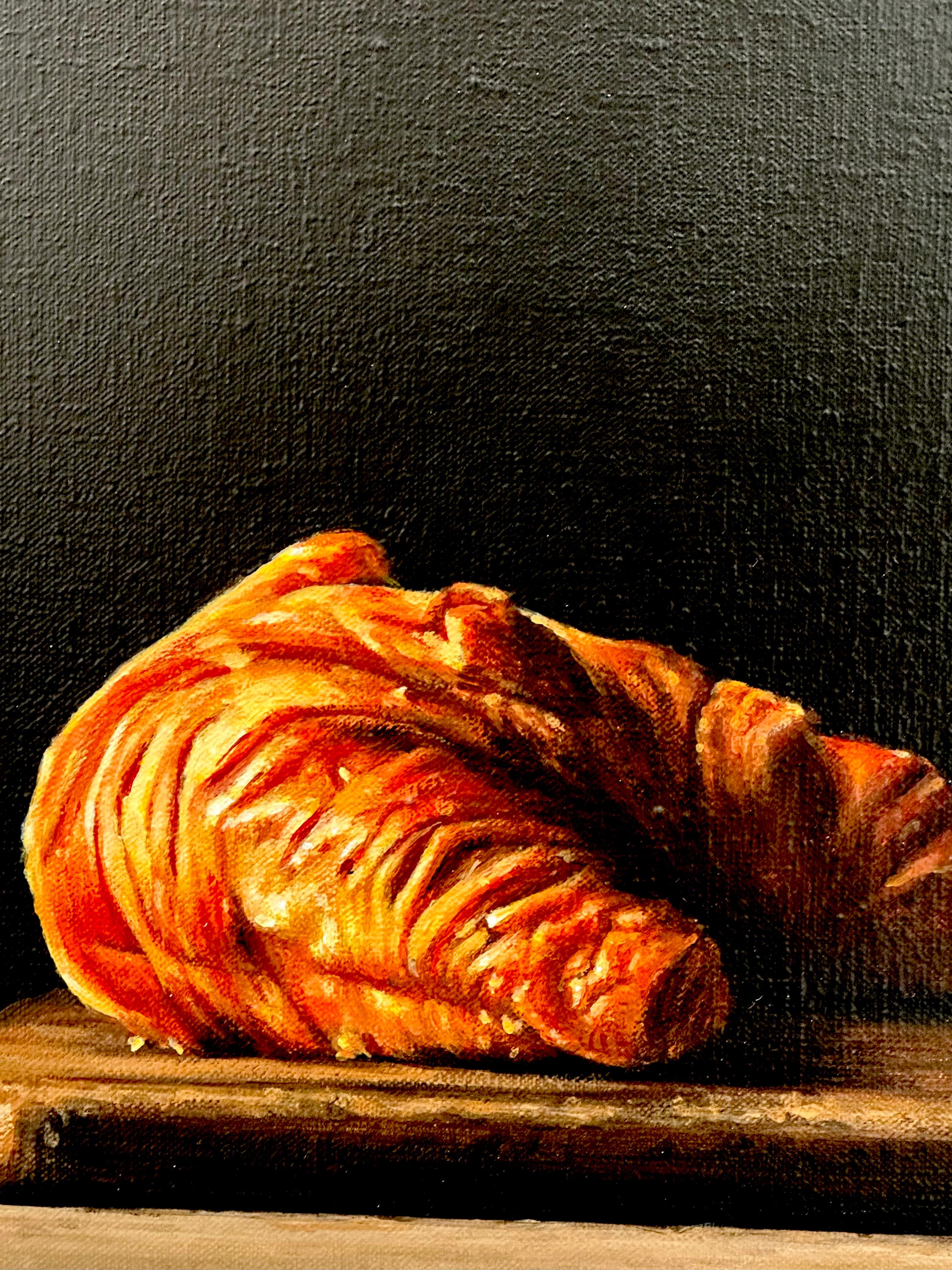 Coffee with Croissant- 21st Contemporary Hyper Realistic Still-life painting - Black Figurative Painting by Heidi von Faber
