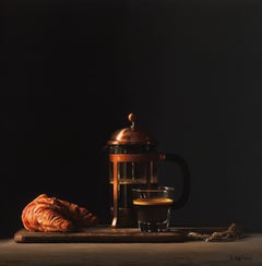 Coffee with Croissant- 21st Contemporary Hyper Realistic Still-life painting