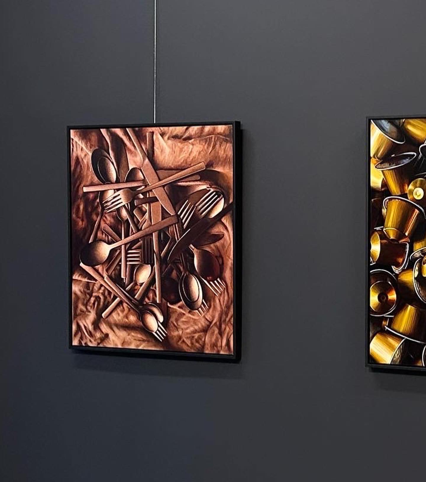 Copper Cutlery- 21st Contemporary Hyper Realistic Still-life painting - Painting by Heidi von Faber