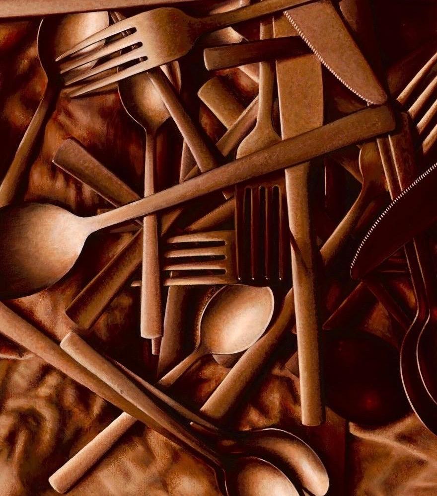 Copper Cutlery- 21st Contemporary Hyper Realistic Still-life painting - Brown Still-Life Painting by Heidi von Faber