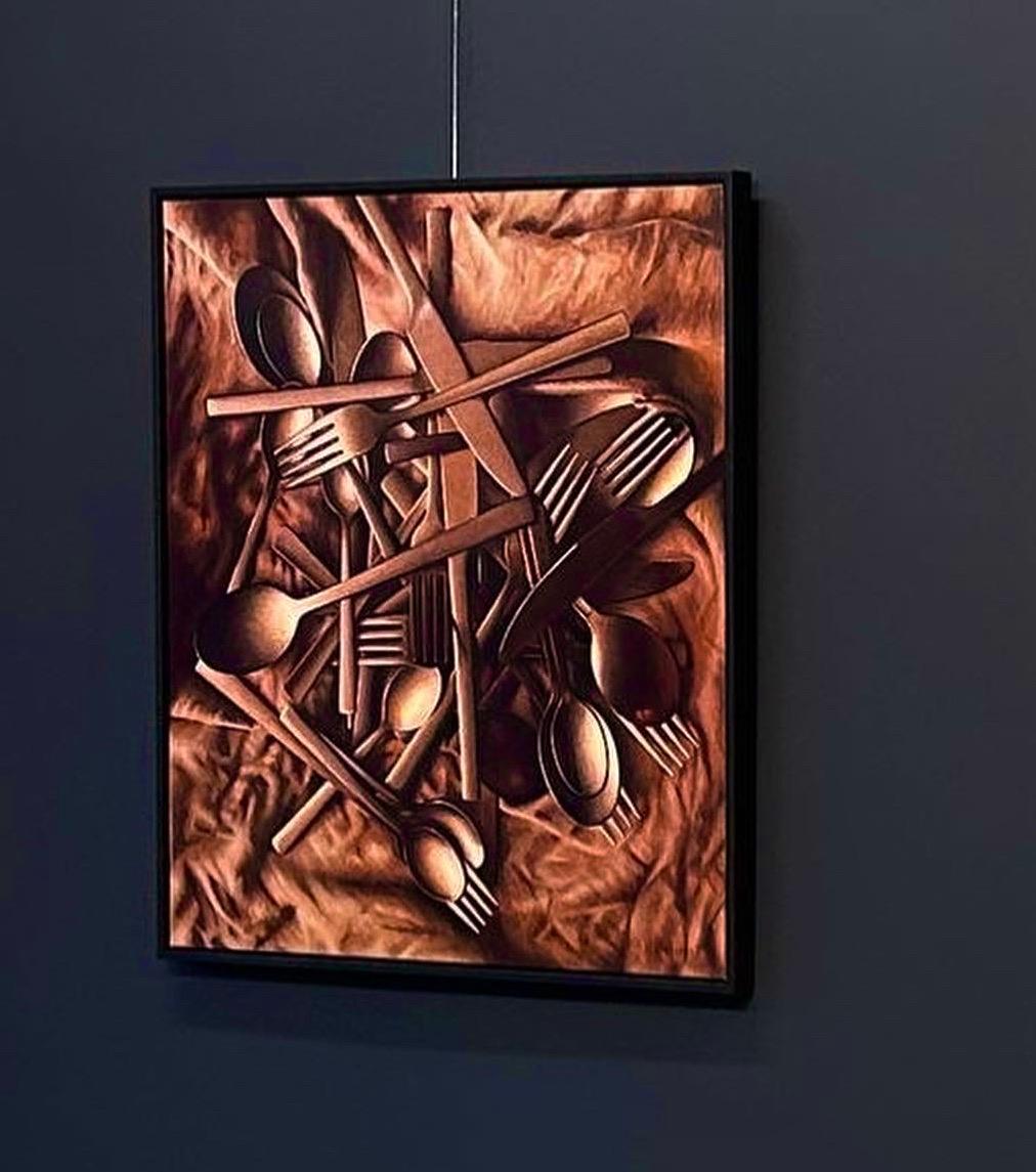 Copper Cutlery- 21st Contemporary Hyper Realistic Still-life painting For Sale 1