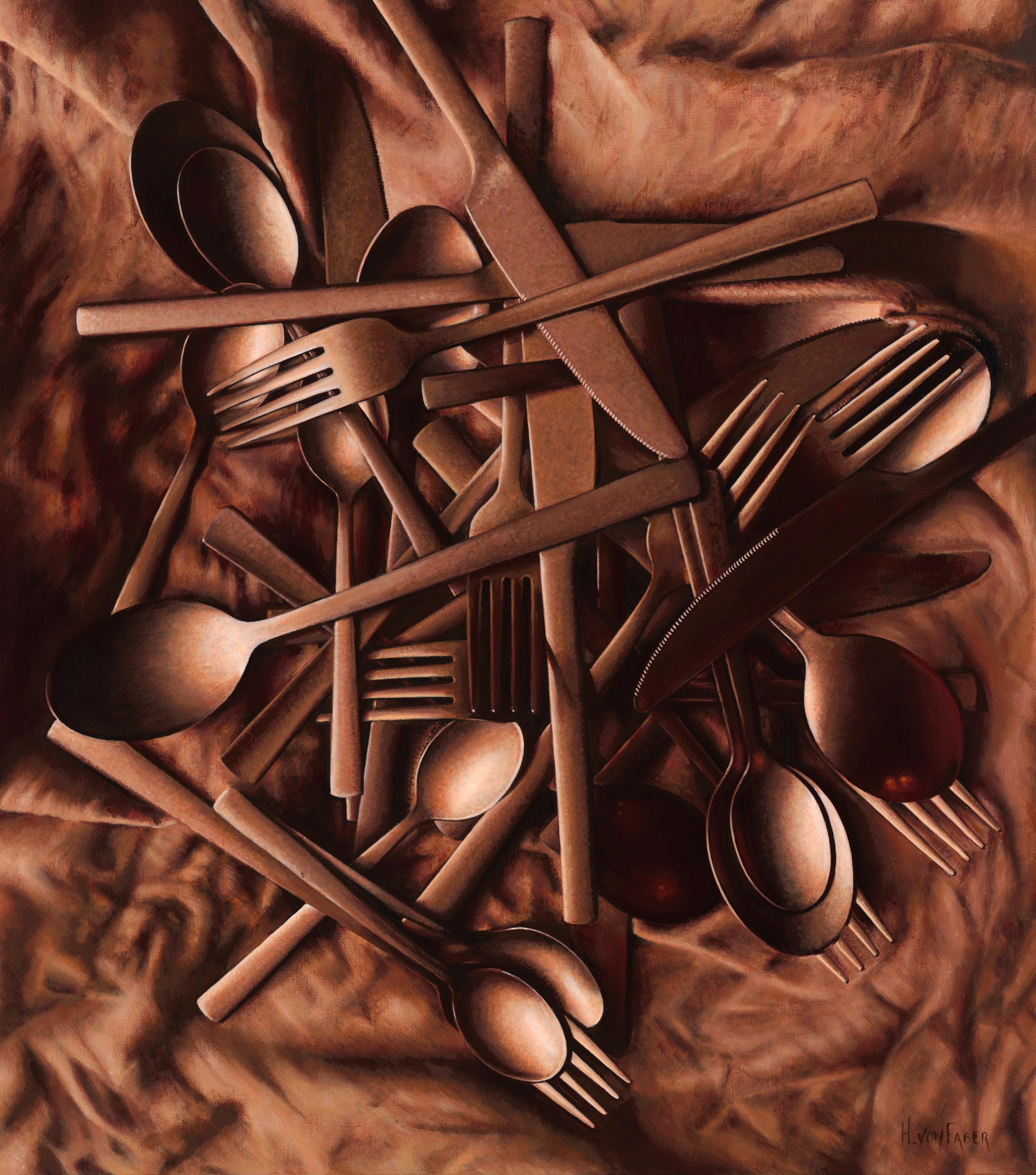 Kupfer Besteck – 21. Jahrhundert Zeitgenössische hyperrealistische Stilllebenmalerei