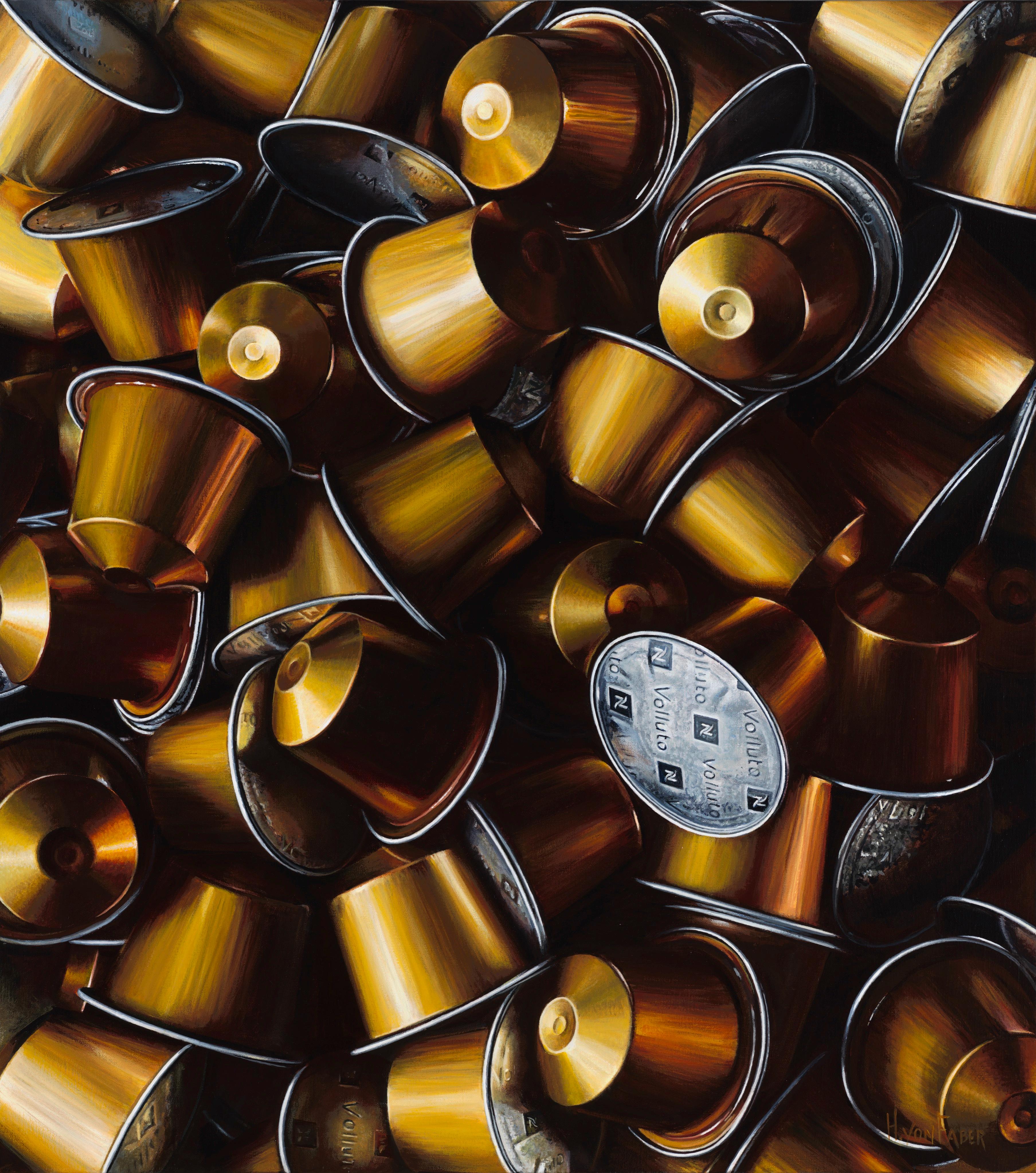 Heidi von Faber Still-Life Painting - Golden Coffee Cups- 21st Contemporary Hyper Realistic Still-life painting