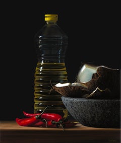 Oil & Pepper -21st Century Still-life Painting of Oil, Pepper and Coconut