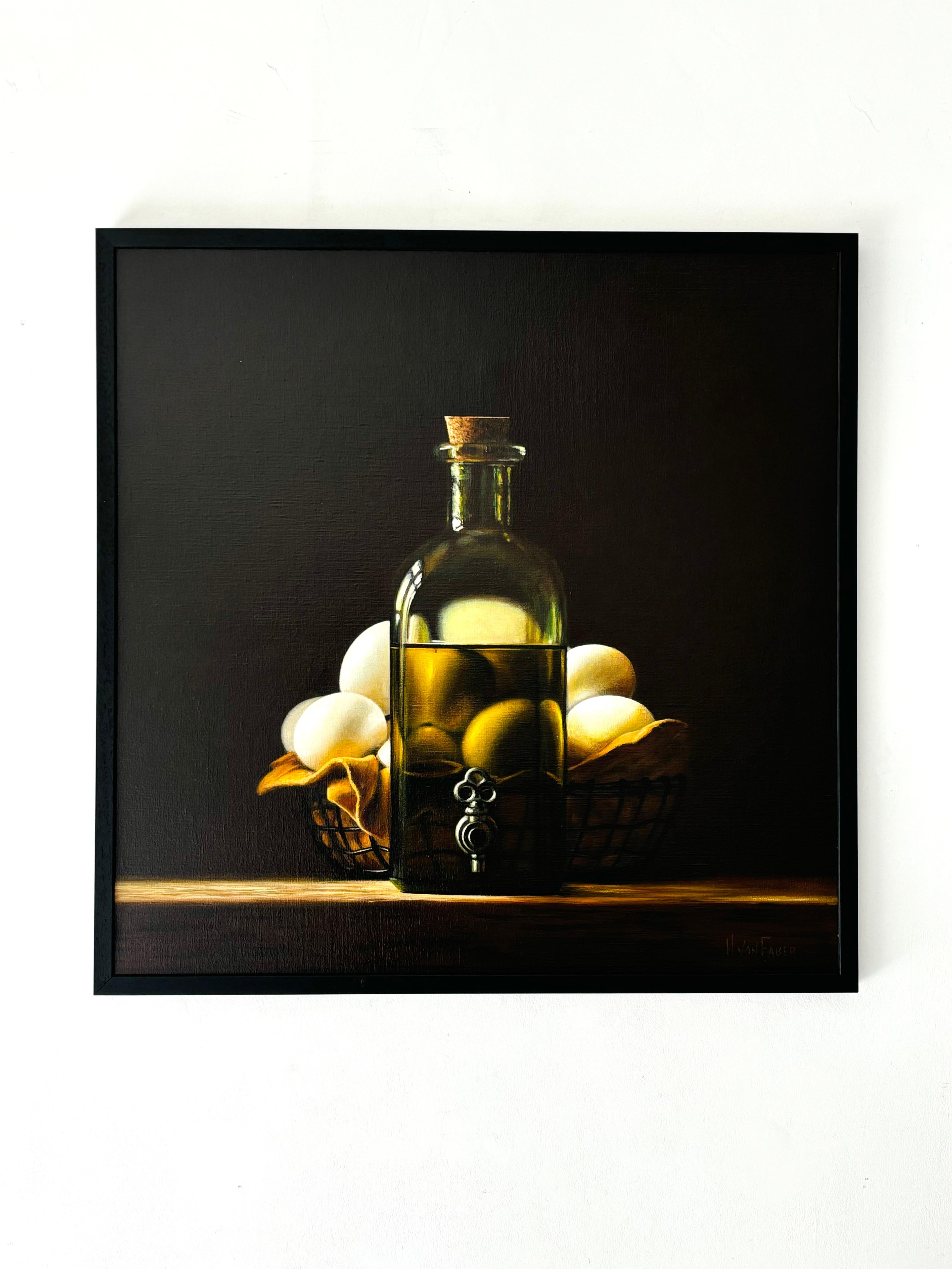 Olive oil and eggs-original modern still life realism painting-contemporary Art - Painting by Heidi von Faber