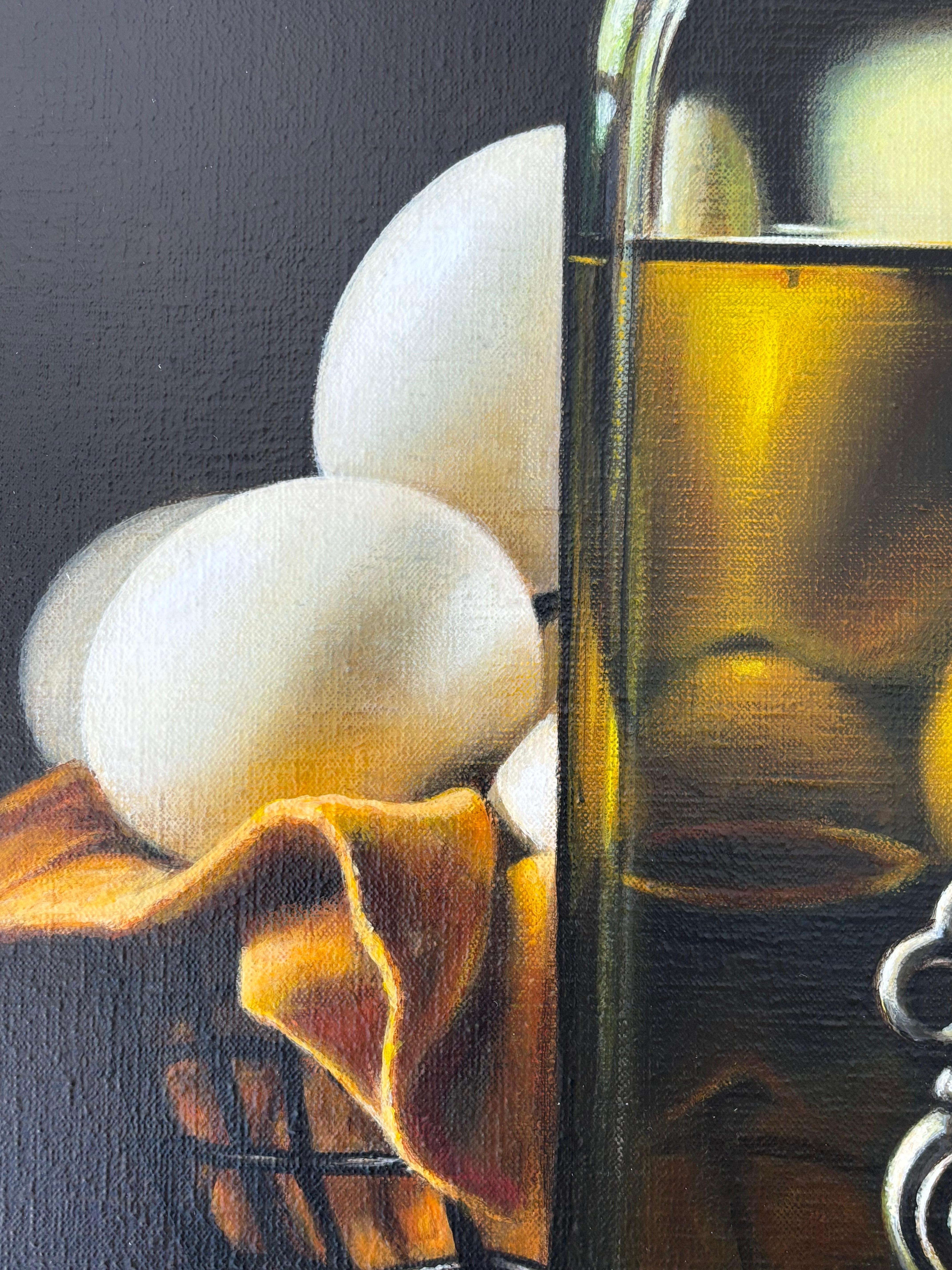 Olive oil and eggs-original modern still life realism painting-contemporary Art - Photorealist Painting by Heidi von Faber
