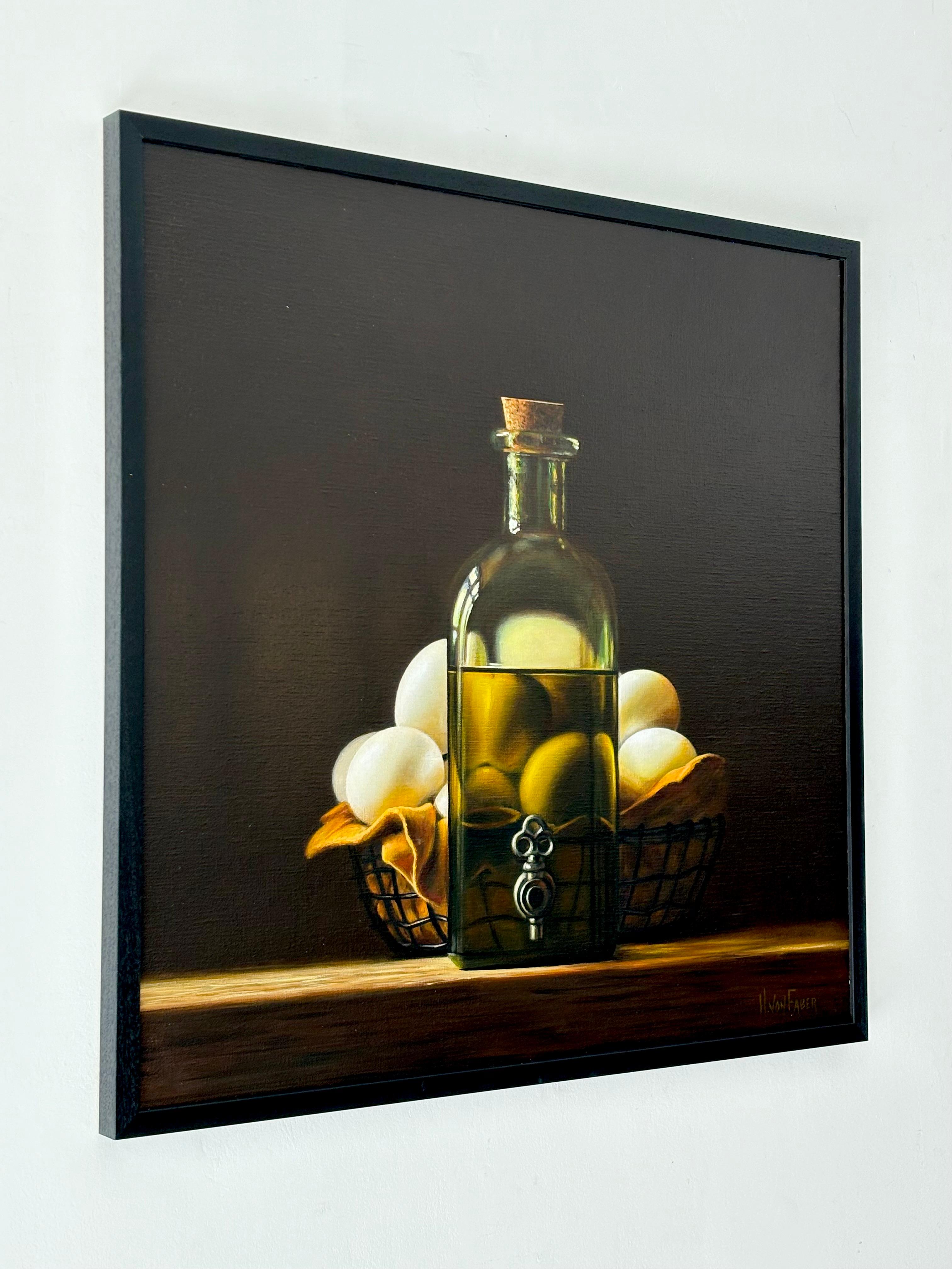 Olive oil and eggs-original modern still life realism painting-contemporary Art - Black Still-Life Painting by Heidi von Faber