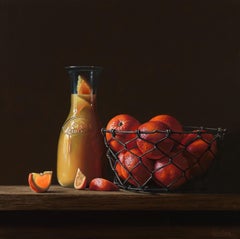 Oranges in a Basket-21st Contemporary Dutch Stilllife painting with Orange-juice