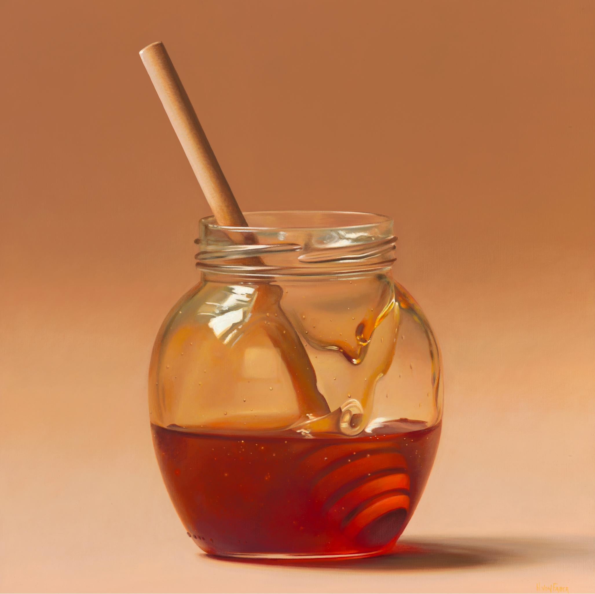 Honey spoon in Jar- 21. Jahrhundert Hyper Realistic Still-life Malerei