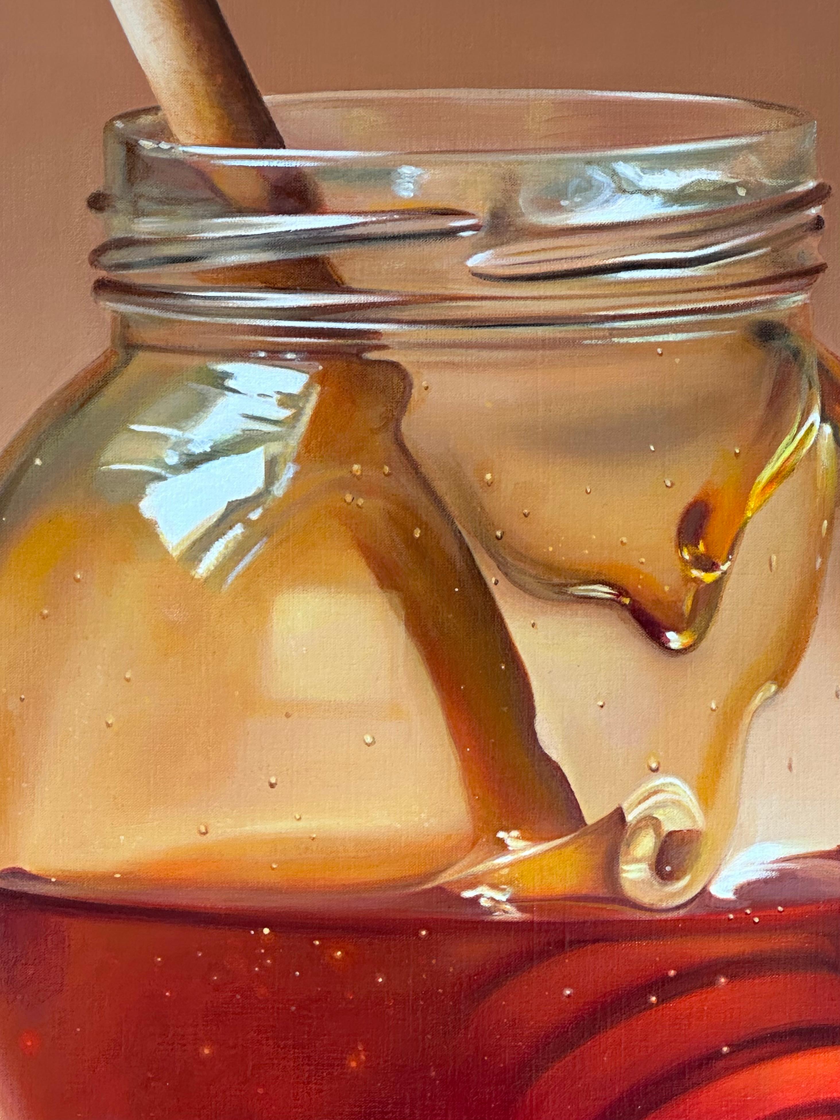 Honey spoon in Jar- 21st Century Hyper Realistic Still-life Painting For Sale 2