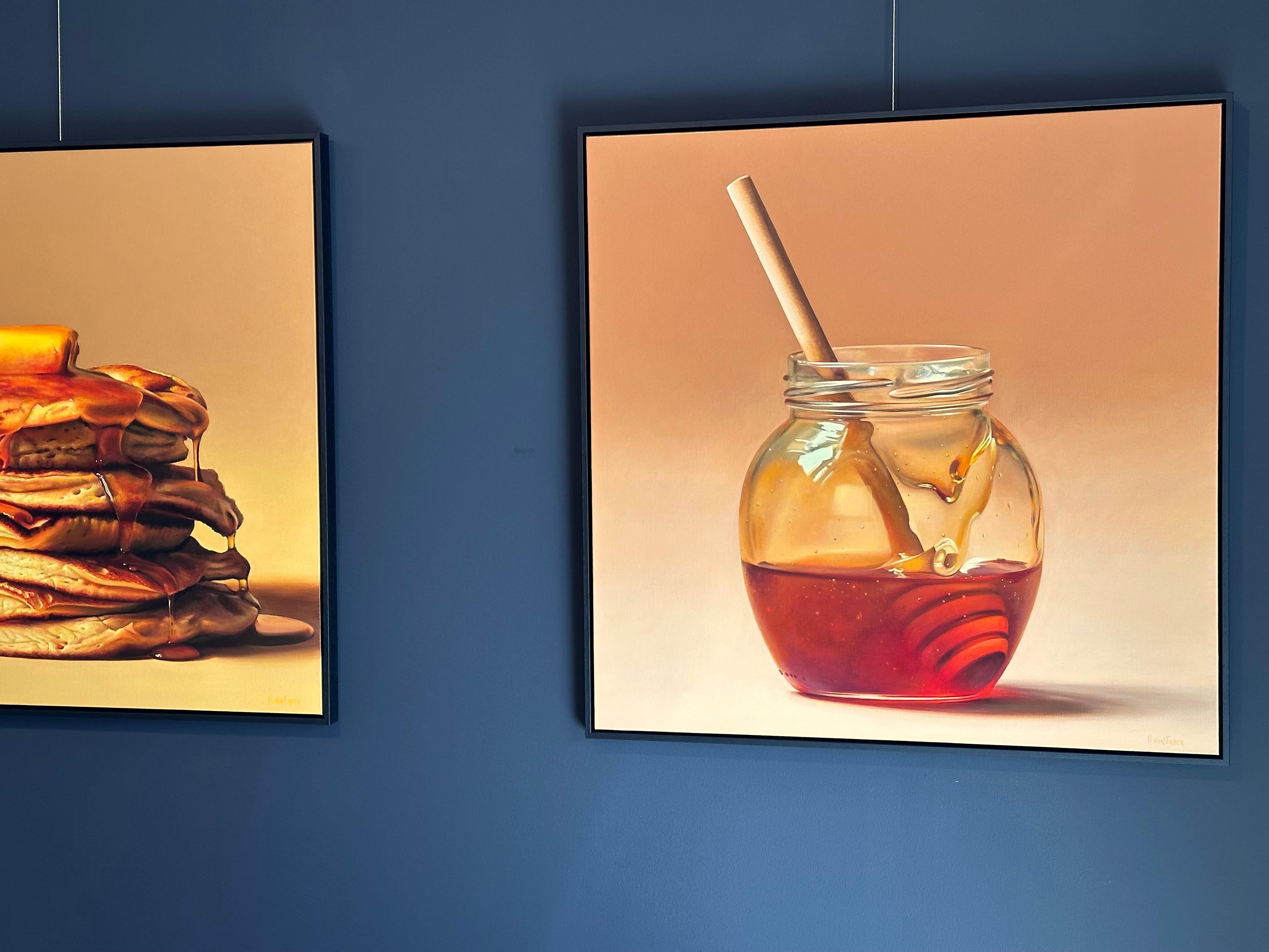 Honey spoon in Jar- 21st Century Hyper Realistic Still-life Painting For Sale 3