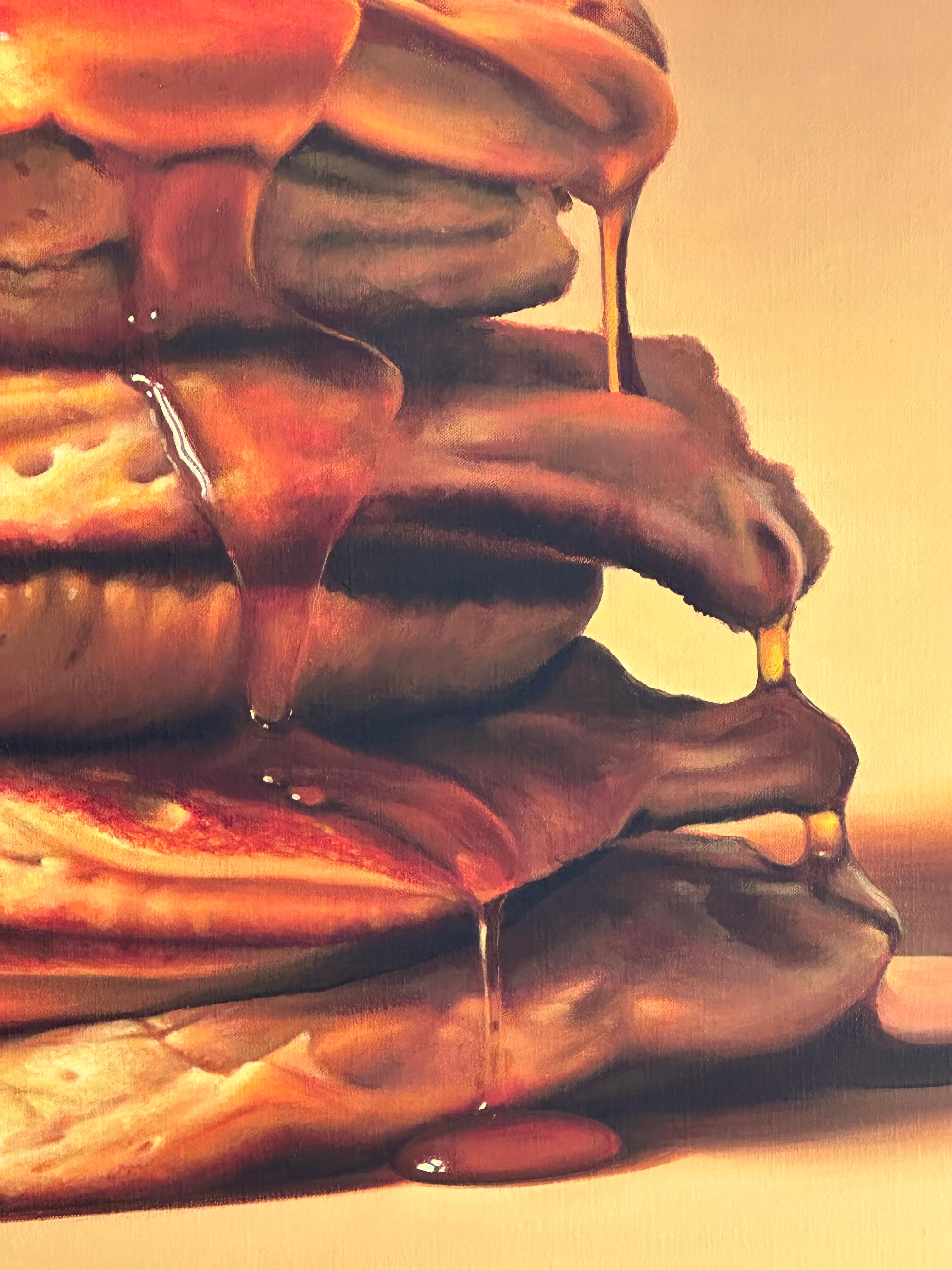 Pancakes with butter and Honey- 21st Century Hyper Realistic Still-life Painting For Sale 1