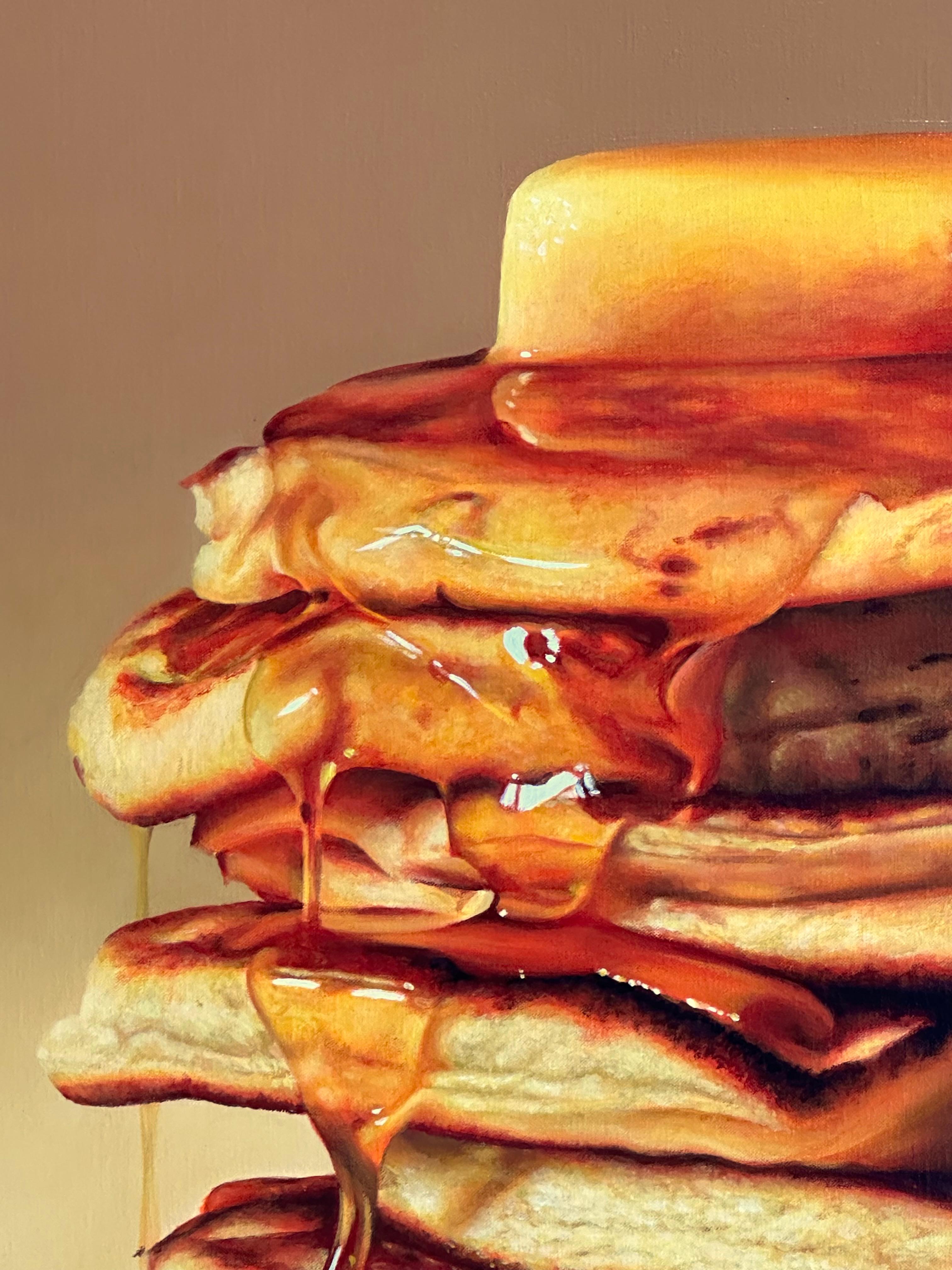 Pancakes with butter and Honey- 21st Century Hyper Realistic Still-life Painting For Sale 2