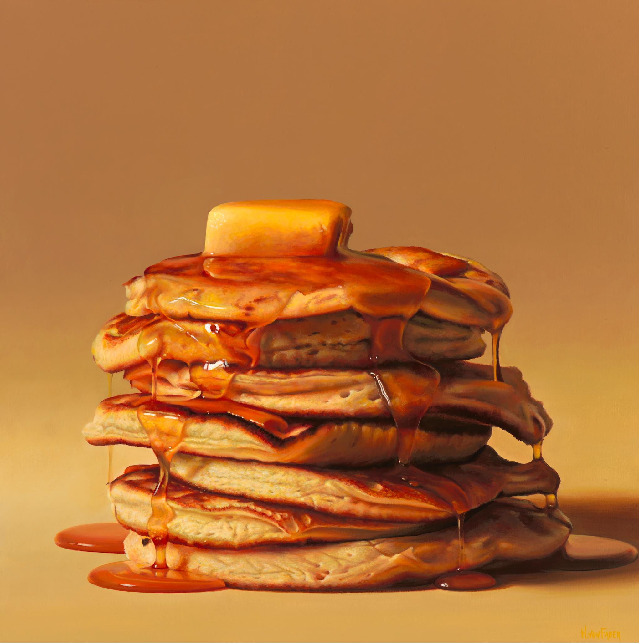 Tortitas con mantequilla y miel - Pintura hiperrealista de bodegón del siglo XXI