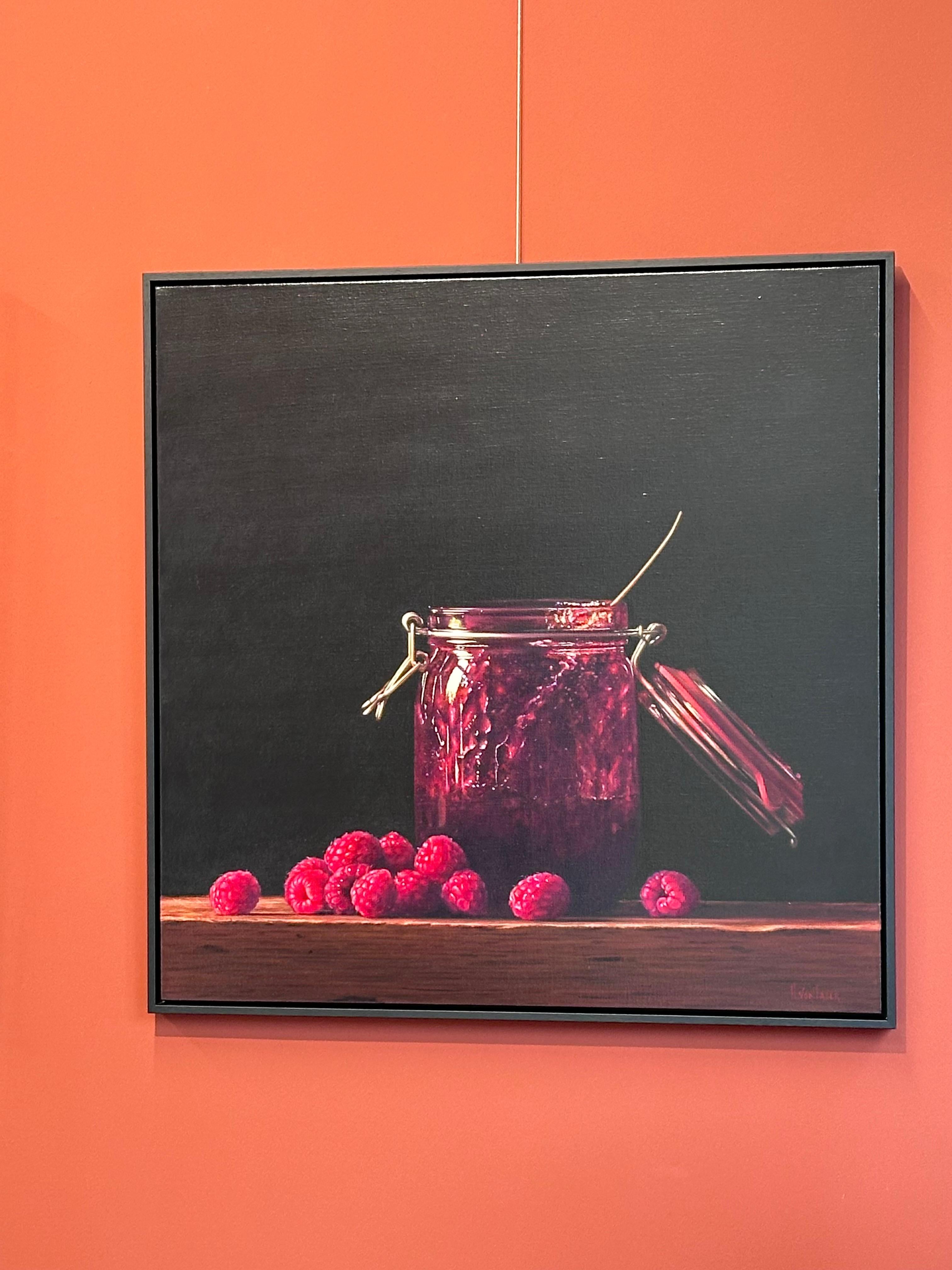 Raspberry Jam - 21st Century Dutch Still-life painting a jar with raspberry jam - Contemporary Painting by Heidi von Faber