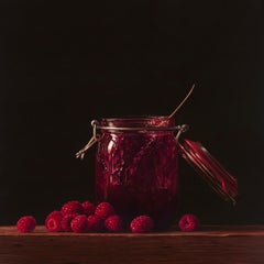 Raspberry Jam - 21st Century Dutch Still-life painting a jar with raspberry jam