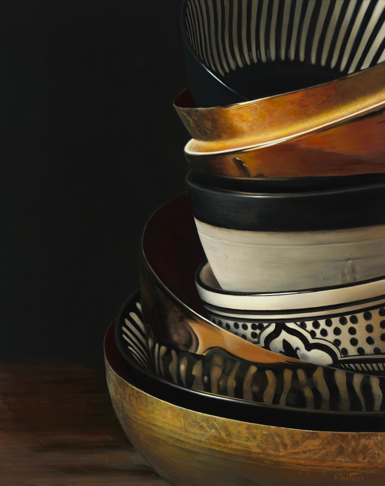 Heidi von Faber Figurative Painting - Stack of dishes I - 21st Century Dutch Still-life painting of dishes