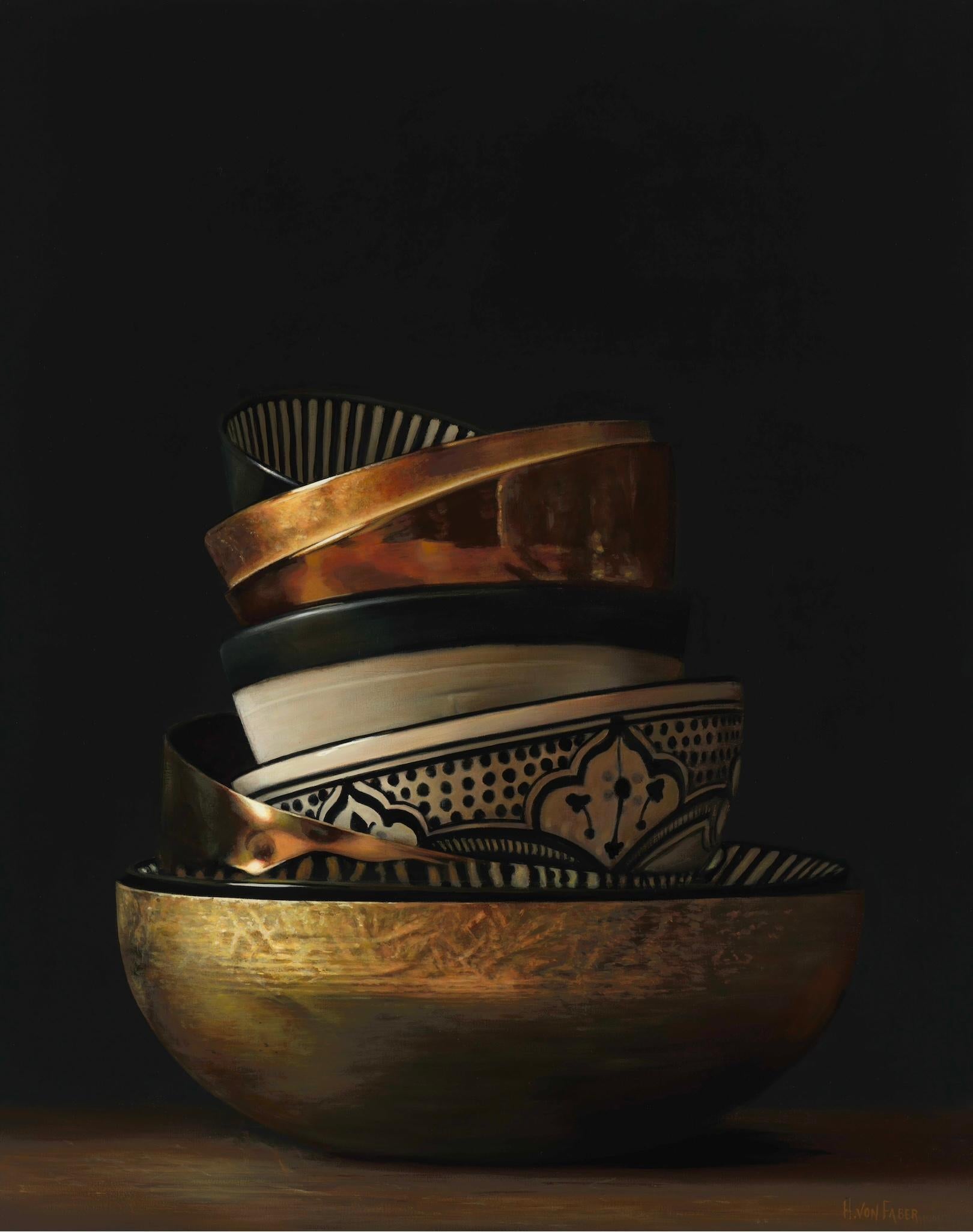 Heidi von Faber Figurative Painting - Stack of dishes II - 21st Century Dutch Still-life painting of dishes