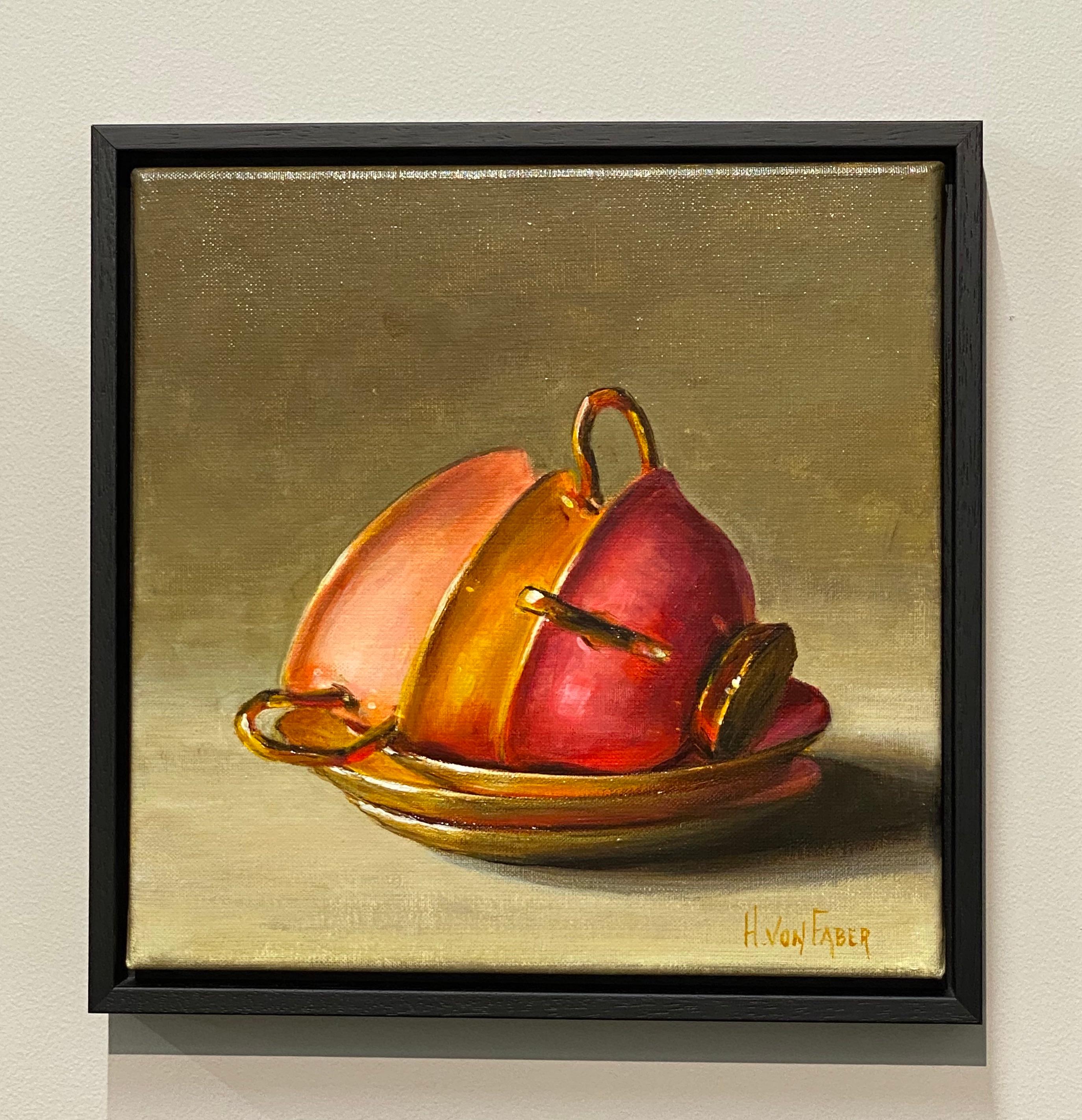Tazas de té - Pintura realista de bodegones de vajillas del siglo XXI - Painting de Heidi von Faber