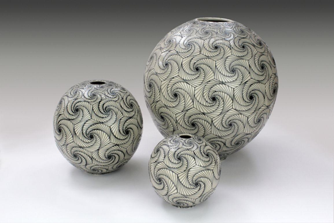 Heidi Warr “Geometric Webb”
Hand Thrown Globe Vases in 3 sizes:
Large 12” Sphere, edition of 1 £1800
Medium 7” Sphere, edition of 9, £700
Small 5” Sphere, edition of 9 £292
Heidi Writes:
I am very pleased to introduce my design: Geometric Web. The