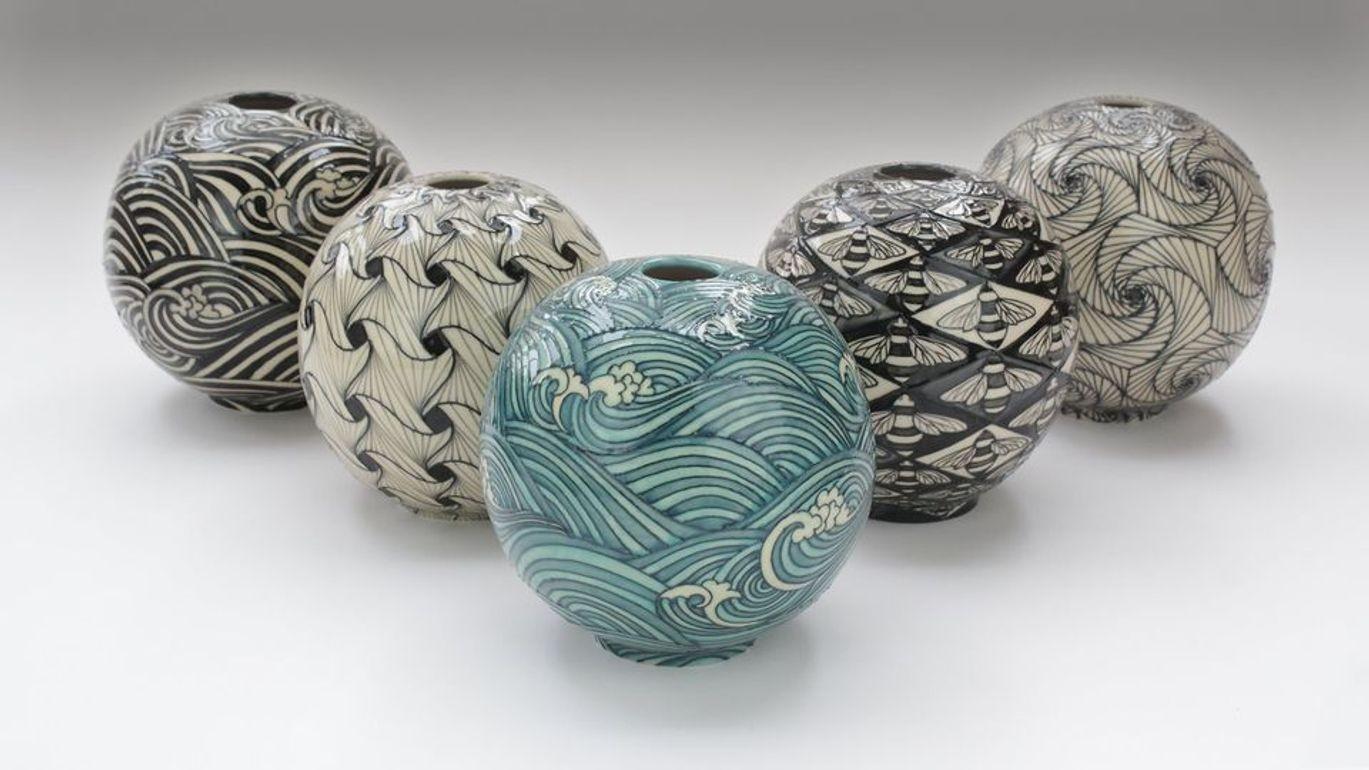 Heidi Warr, Blue Orbiting Waves

Large Spherical Vase 7”, edition of 9 £860

Small Spherical Vase 5”, edition of 9 £380

Heidi Writes:

I am very pleased to introduce my design: Geometric Web. The Geometric Web is a hand thrown spherical vase with