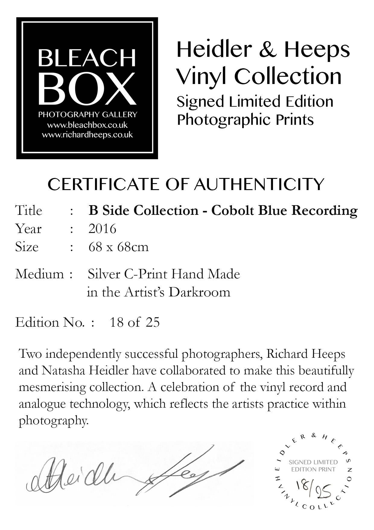 Cobolt Blue Recording, a deep blue artwork in the Heidler & Heeps B Side Vinyl Collection.
Acclaimed contemporary photographers, Richard Heeps and Natasha Heidler have collaborated to make this beautifully mesmerising collection. A celebration of