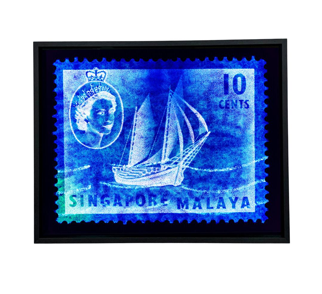 Singapore Stamp Collection, 10 Cents QEII Ship Series Blue - Pop Art Color Photo For Sale 5