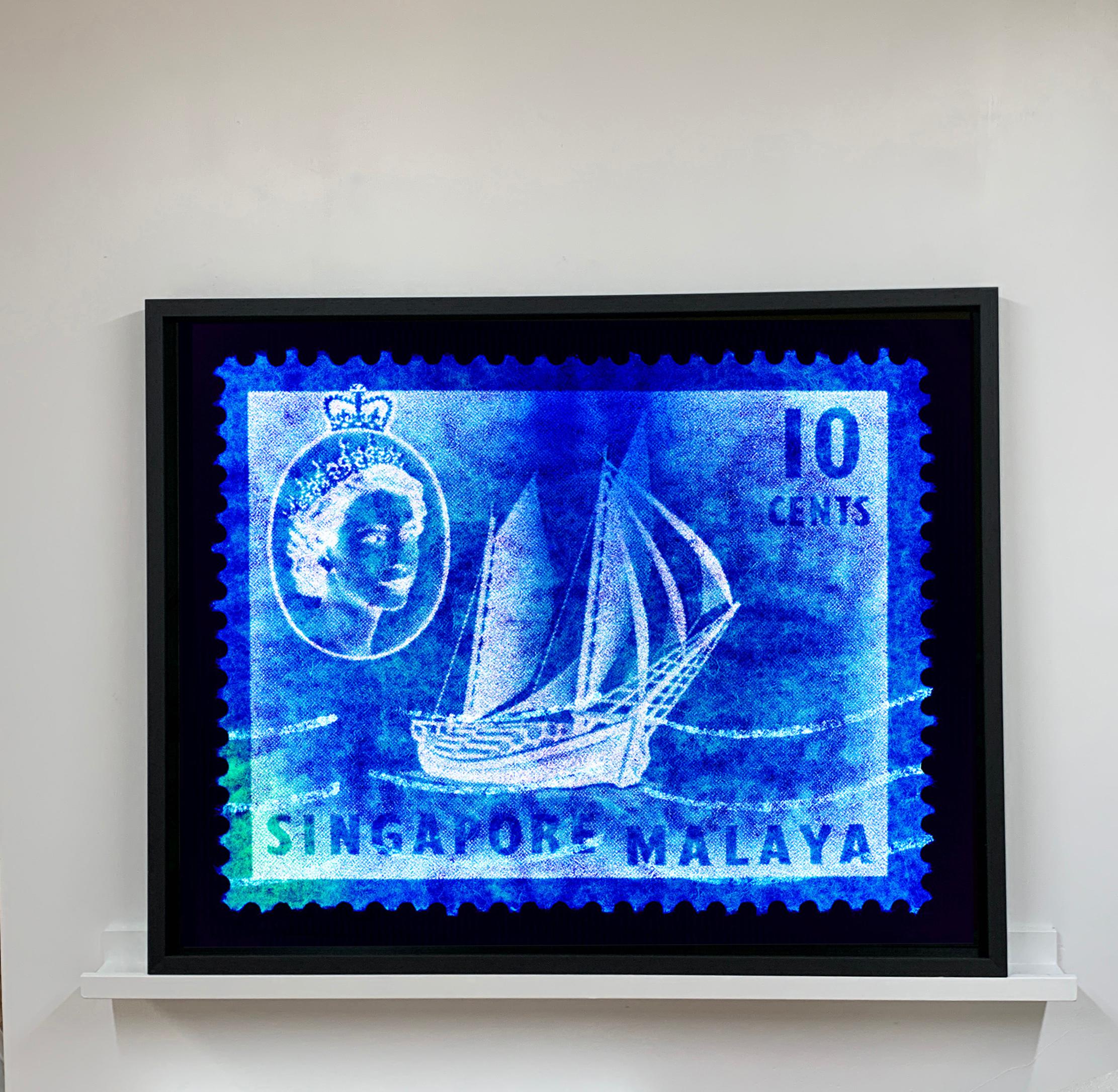 Singapore Stamp Collection, 10 Cents QEII Ship Series Blue - Pop Art Color Photo - Photograph by Heidler & Heeps