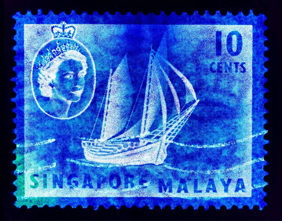 Heidler & Heeps Print - Singapore Stamp Collection, 10 Cents QEII Ship Series Blue - Pop Art Color Photo