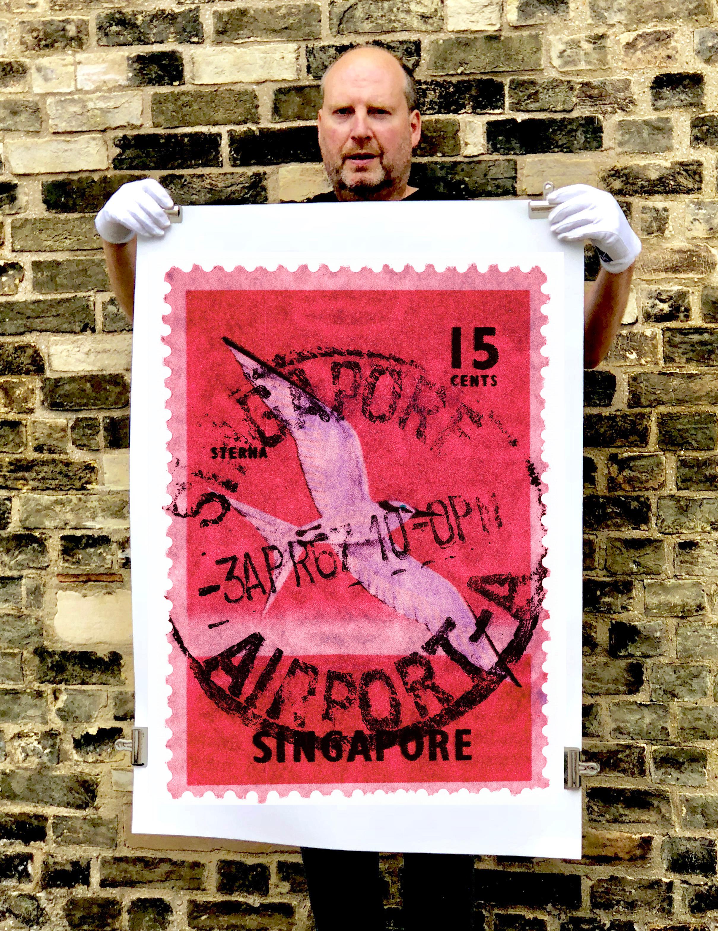 Singapore Stamp Collection, 15c Singapore Sterna Bird Pink - Pop art color photo - Photograph by Heidler & Heeps