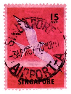 Collection de timbres de Singapour, 15c Sterna Singapore rose oiseau - photo couleur pop art