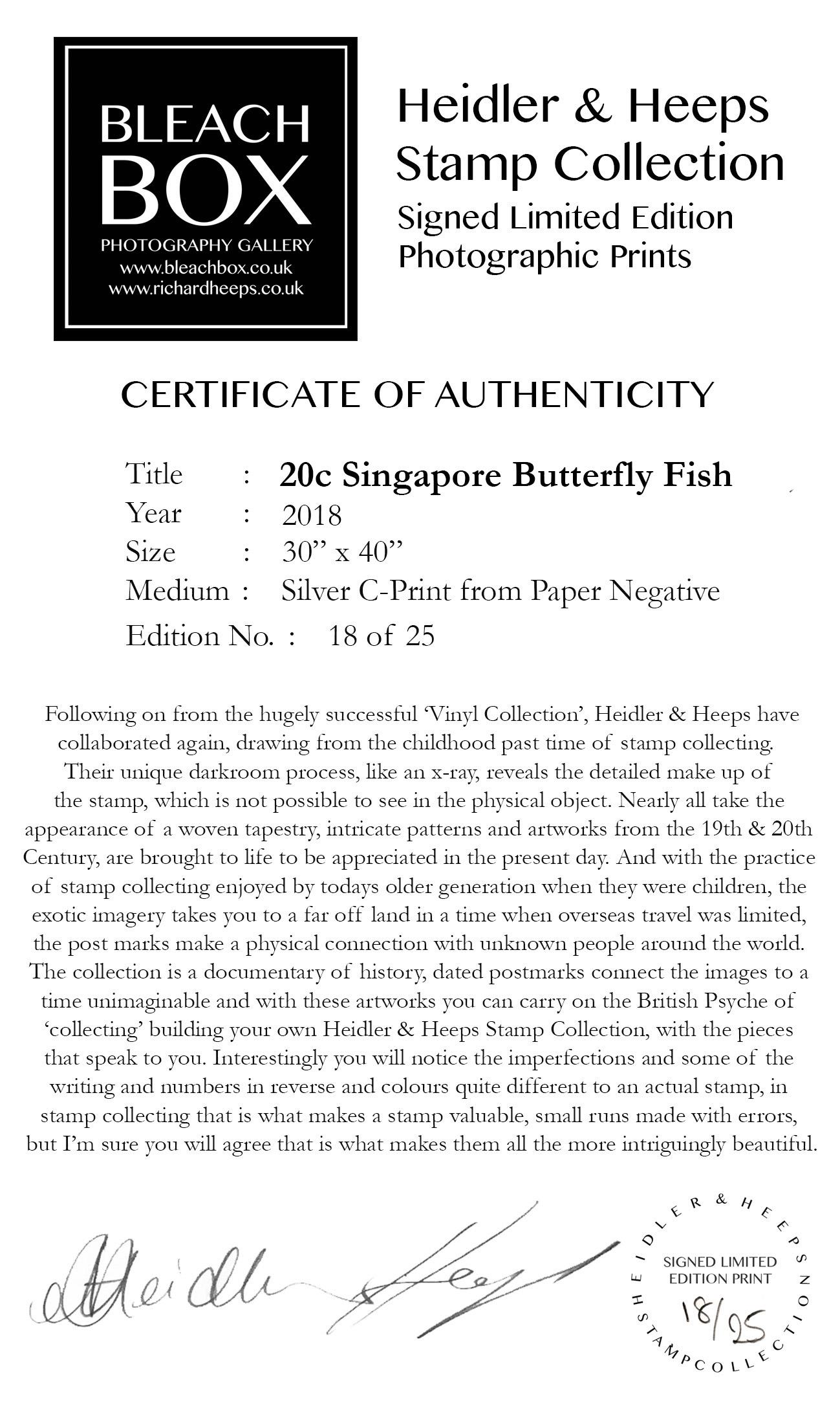 Singapur Singapore Stempel-Kollektion, 20 Karat Singapur Schmetterling Fisch - Pop-Art-Farbfoto – Photograph von Heidler & Heeps
