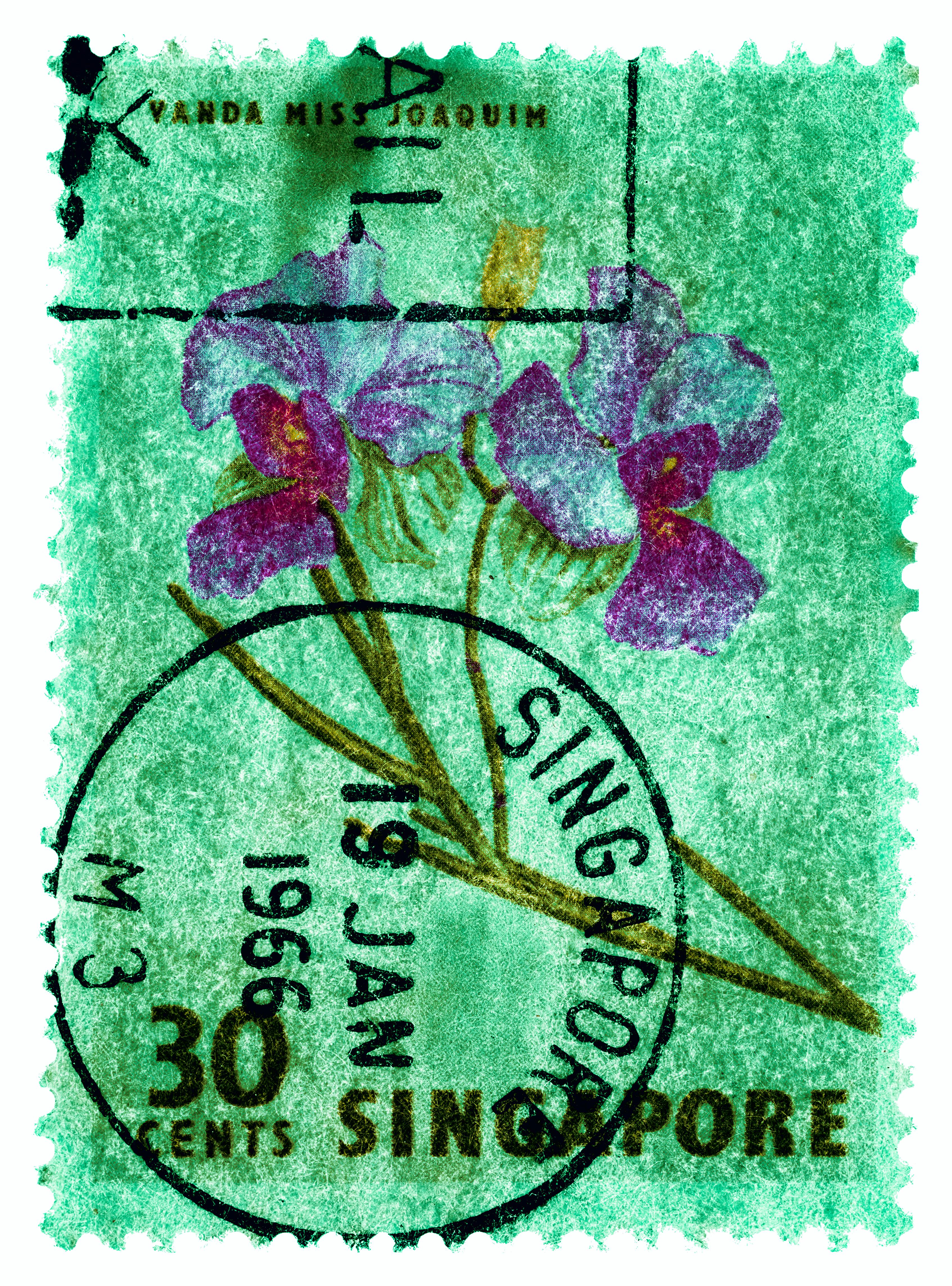30 Cents Singapore Orchid, from the Heidler & Heeps Stamp Collection.
These historic postage stamps that make up the Heidler & Heeps Stamp Collection, Singapore Series 'Postcards from Afar' have been given a twenty-first century pop art lease of