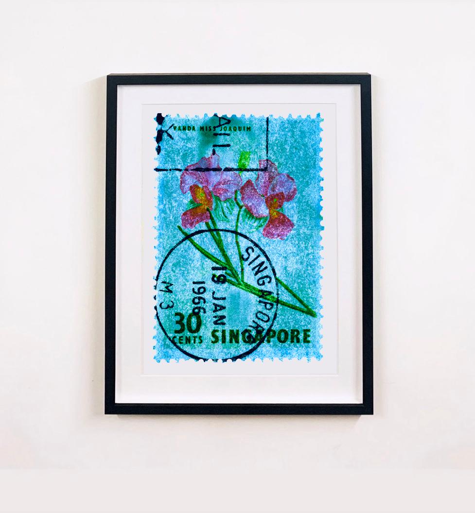 Collection de timbres de Singapour, 30c Singapore Orchid Blue - Photo de couleur florale - Bleu Color Photograph par Heidler & Heeps