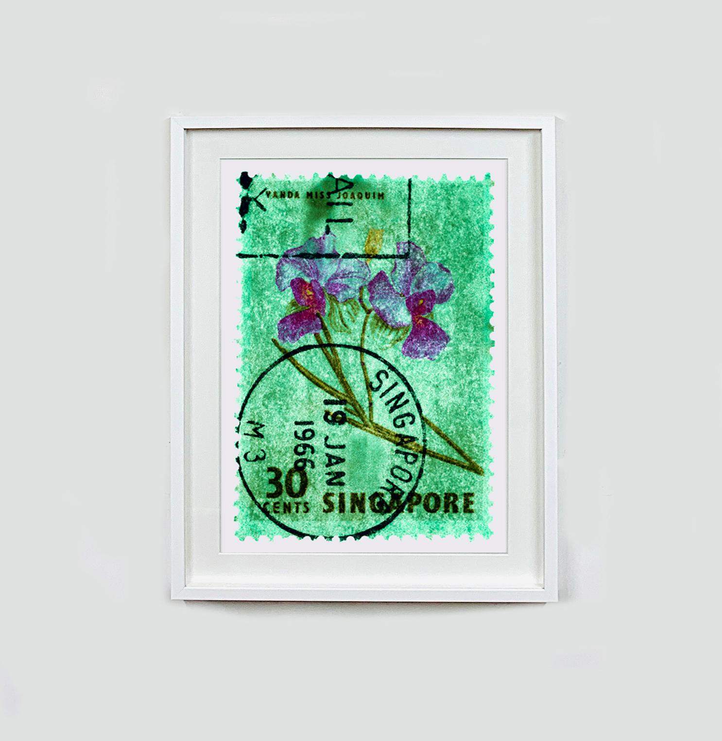 Singapore Stamp Collection, 30c Singapore Orchid Green - Floral color photo - Photograph by Heidler & Heeps