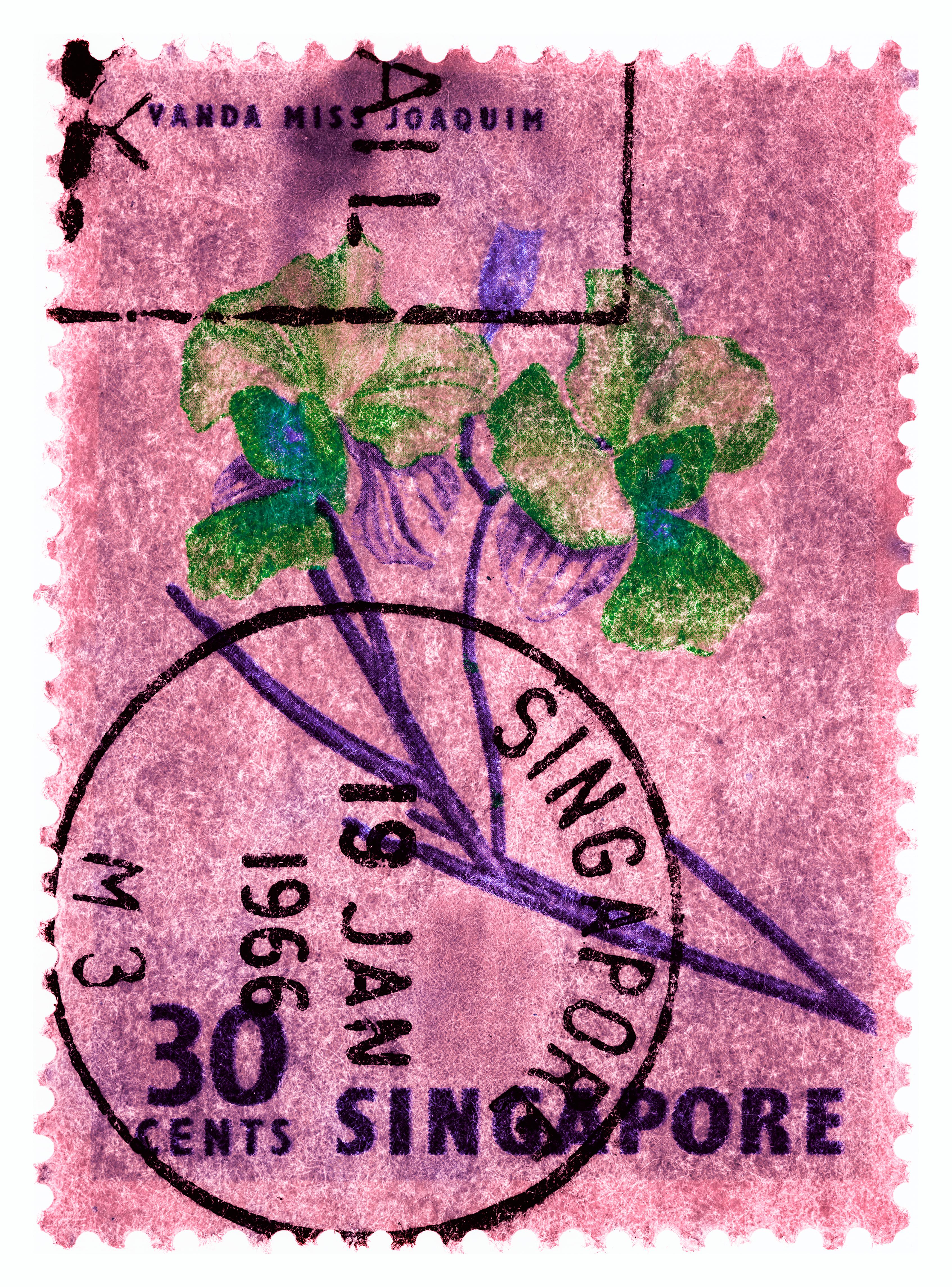 Singapore Stamp Collection, 30c Singapore Three - Floral color photo - Gray Color Photograph by Heidler & Heeps