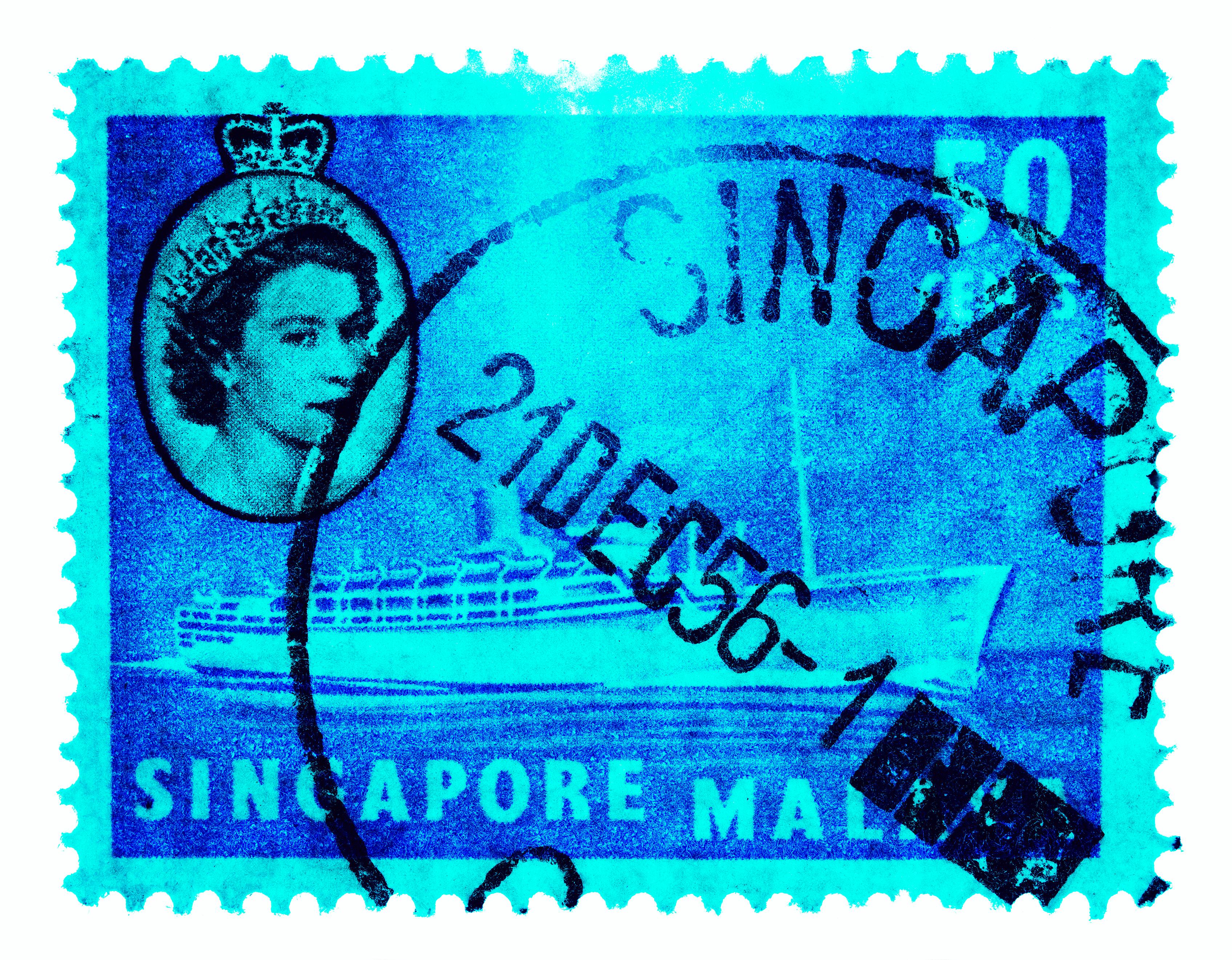 Heidler & Heeps Print - Singapore Stamp Collection, 50c QEII Steamer Ship Cyan - Pop Art Color Photo