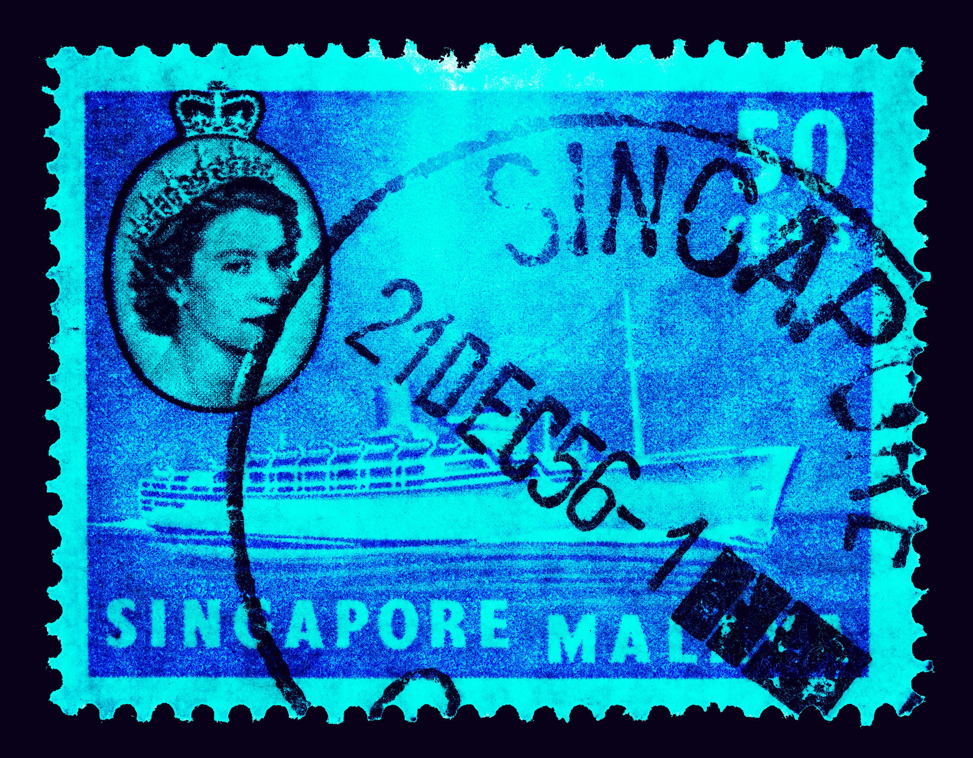 Heidler & Heeps Print – Singapur Singapore Stempel-Kollektion, 50c QEII Dampfschiff Cyan - Pop-Art-Farbfoto