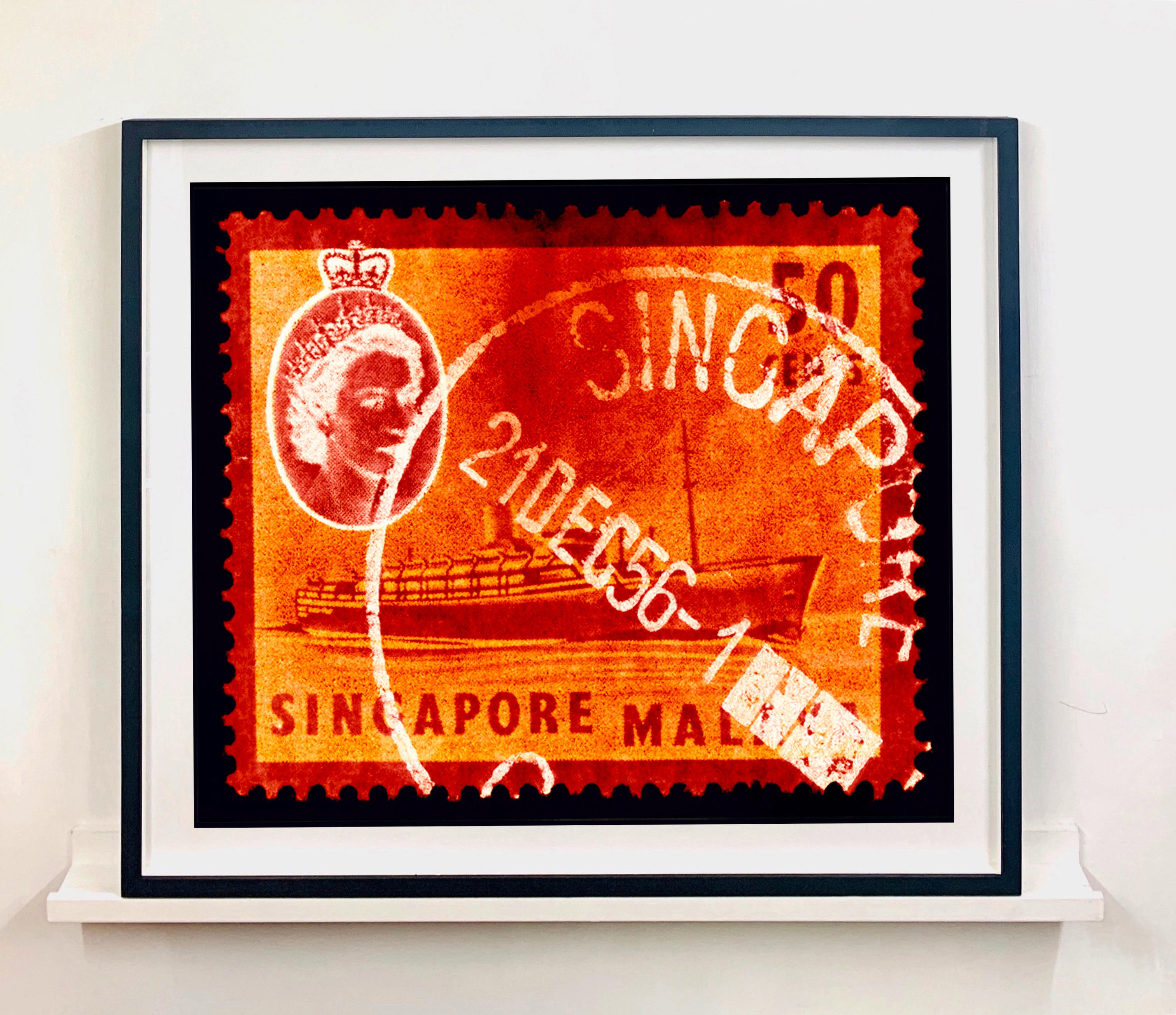 Singapore Stamp Collection, 50c QEII Steamer Ship Orange - Pop Art Color Photo - Red Color Photograph by Heidler & Heeps