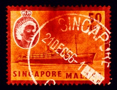 Singapore Stamp Collection, 50c QEII Steamer Ship Orange - Pop Art Color Photo