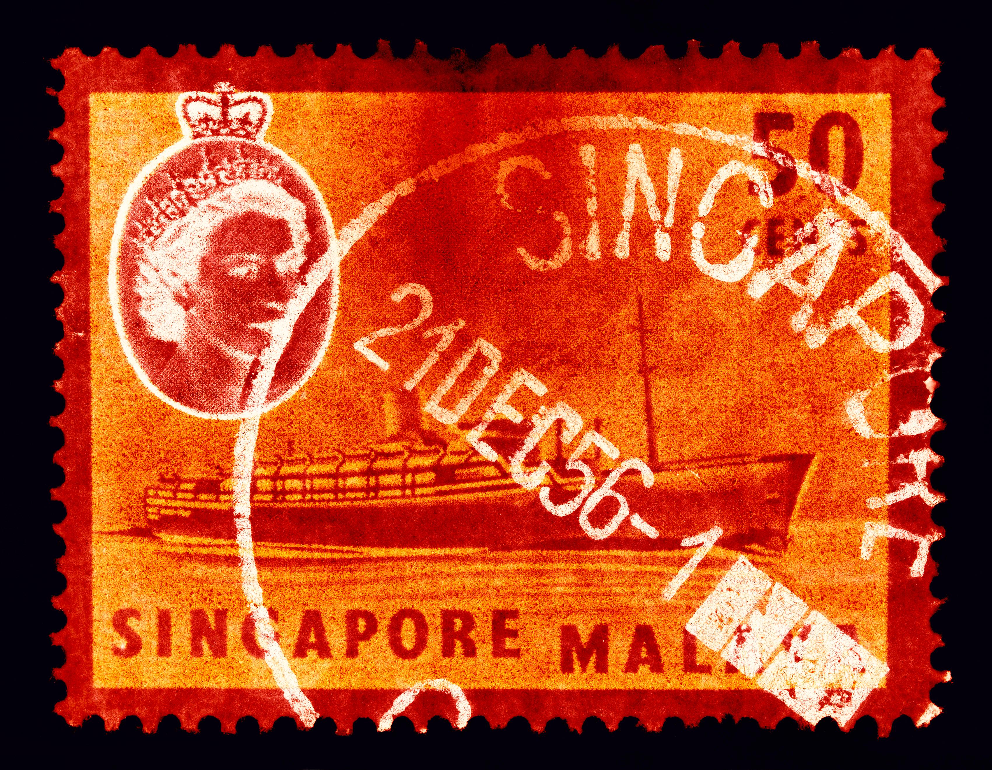 Print Heidler & Heeps - Collection de timbres de Singapour, 50c QEII bateau à vapeur orange - Photo couleur Pop Art