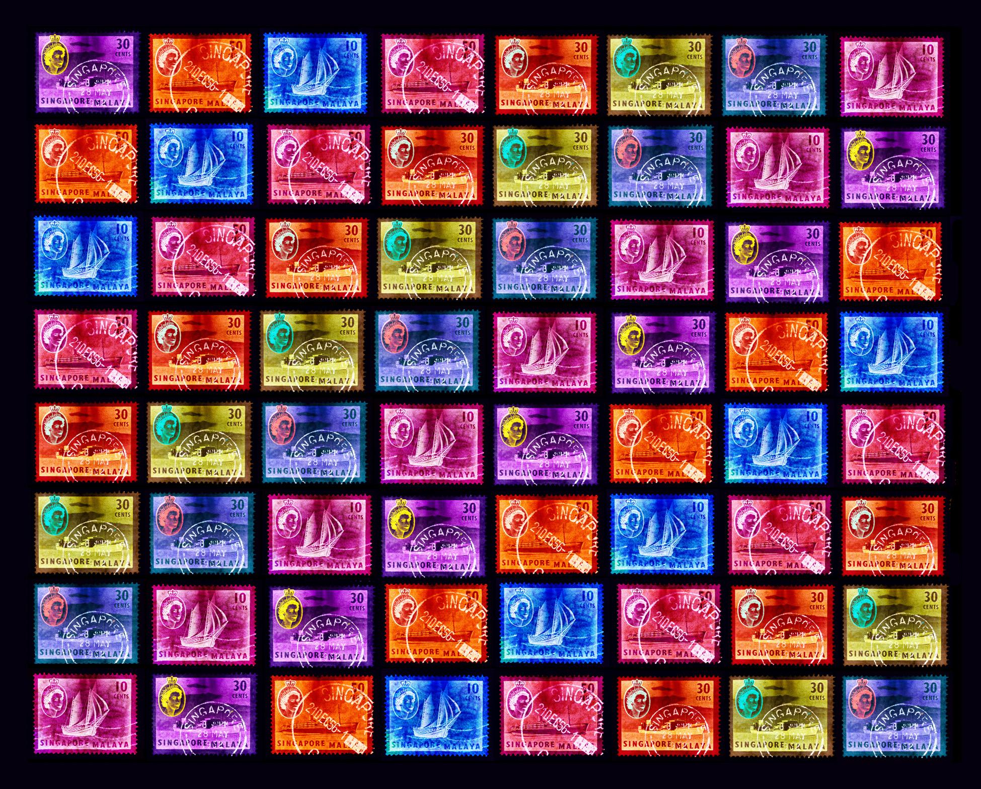 Collection de timbres de Singapour, Sequence de bateau de Singapour (8x8) - photo couleur Pop art