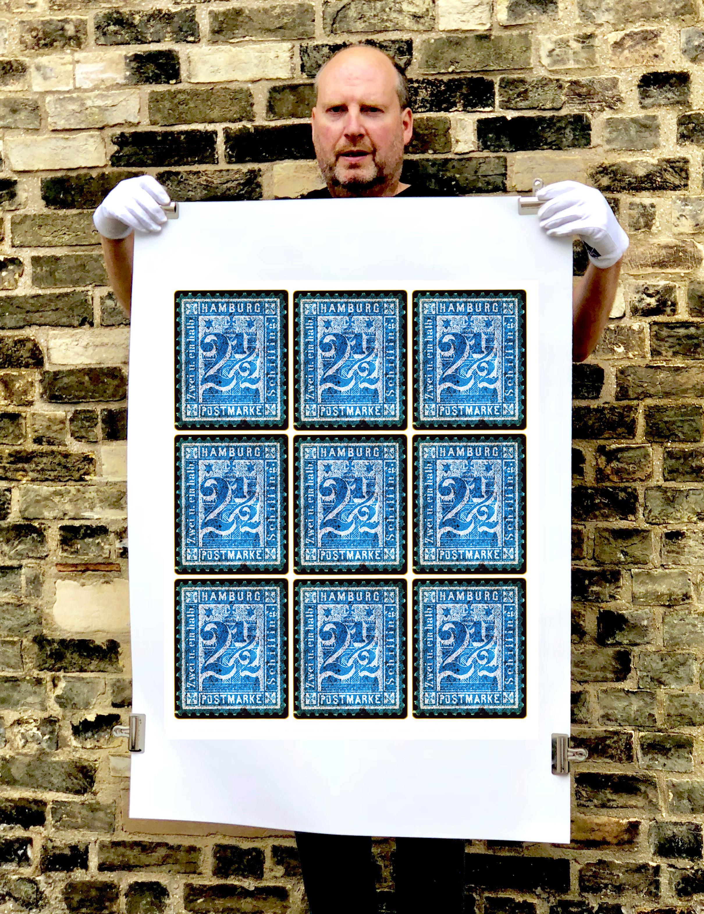 Stamp Collection, 1864 Hamburg (Blue Mosaic German Stamps) - Pop Art Color Photo - Print by Heidler & Heeps