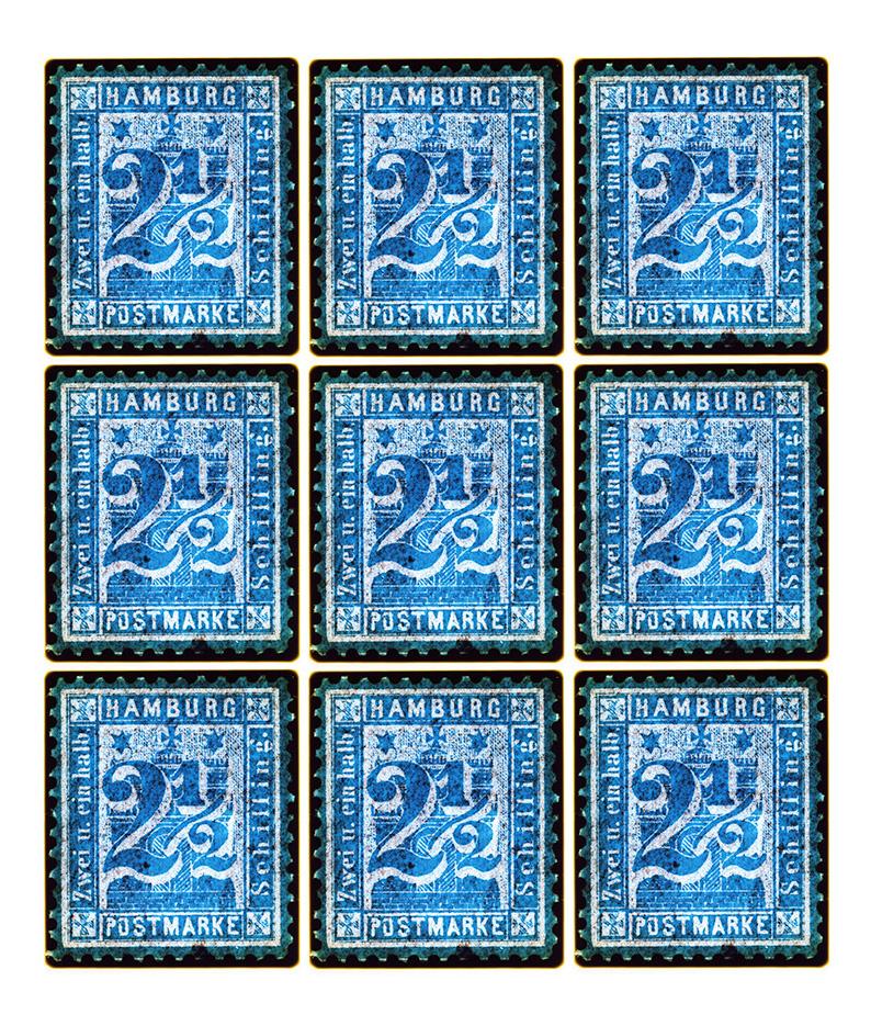 Heidler & Heeps Print - Stamp Collection, 1864 Hamburg (Blue Mosaic German Stamps) - Pop Art Color Photo