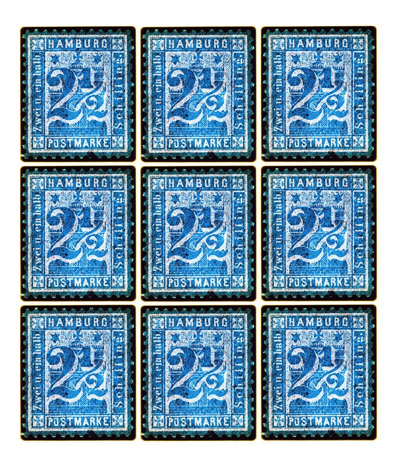Print di Heidler & Heeps - Collezione di francobolli, Amburgo 1864 (francobolli tedeschi a mosaico blu) - Foto Pop Art a colori