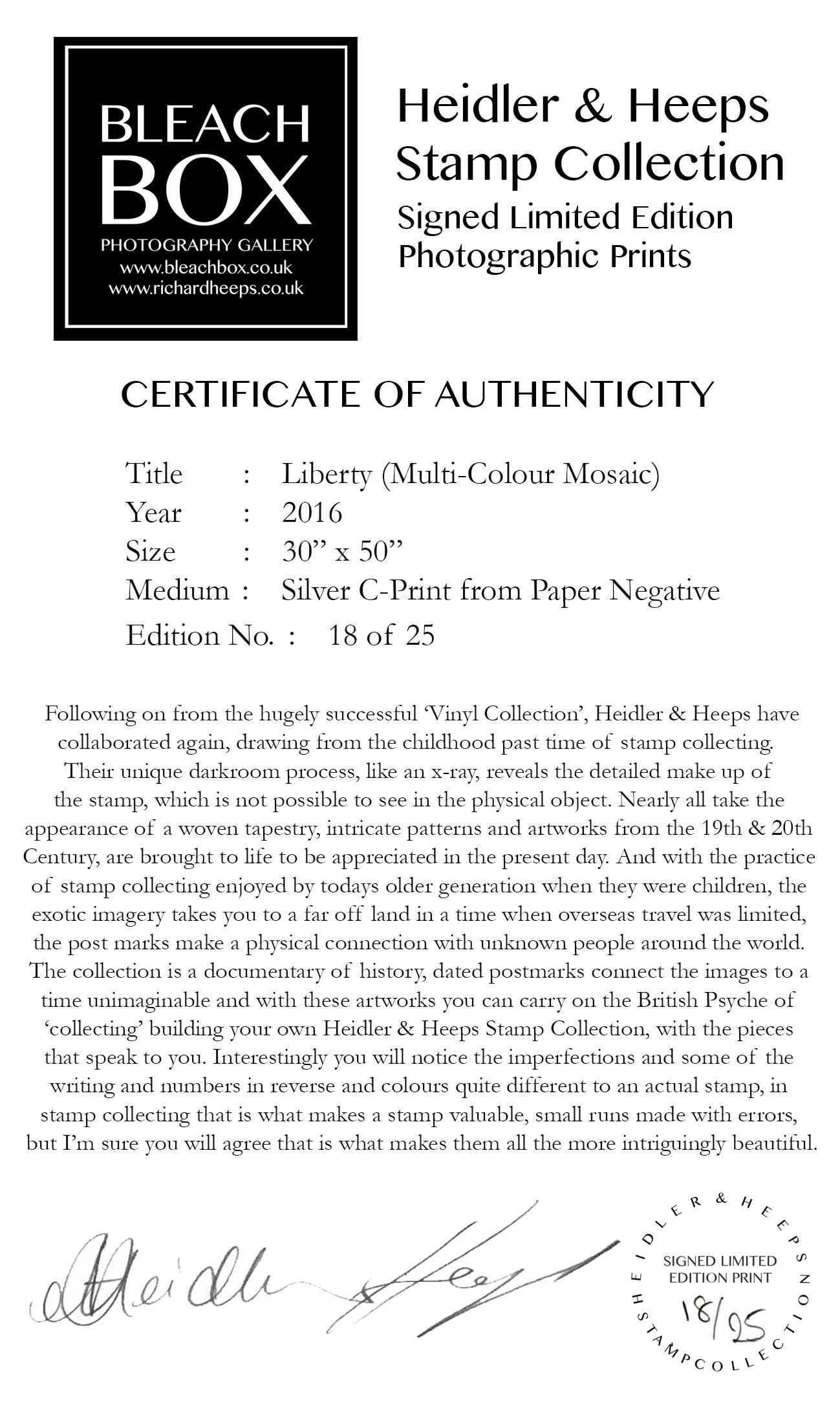 Liberty Mosiac, della Heidler & Heeps American Stamp Collection, questi storici francobolli prendono vita grazie alla pop art del XXI secolo.

Quest'opera d'arte è un'edizione limitata di 25 esemplari, con stampa fotografica lucida, montata a secco
