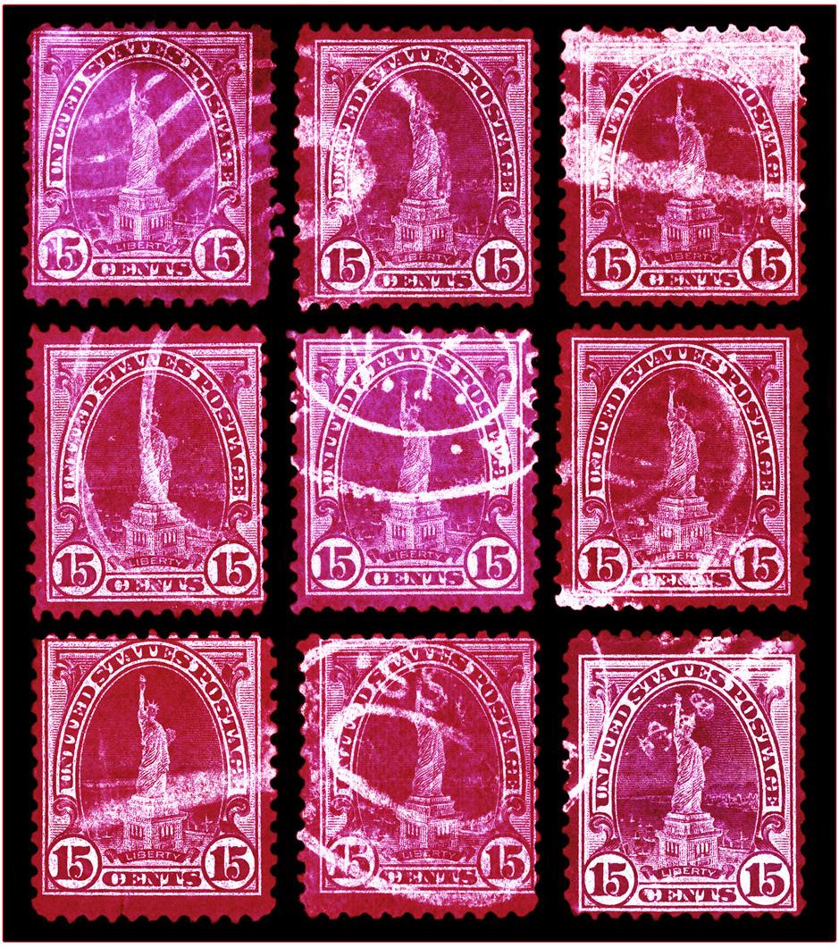 Liberty Magenta Mosiac, from the Heidler & Heeps American Stamp Collection, these historic postage stamps are given a twenty-first century pop art lease of life.

This artwork is a limited edition of 25 gloss photographic print, dry-mounted to